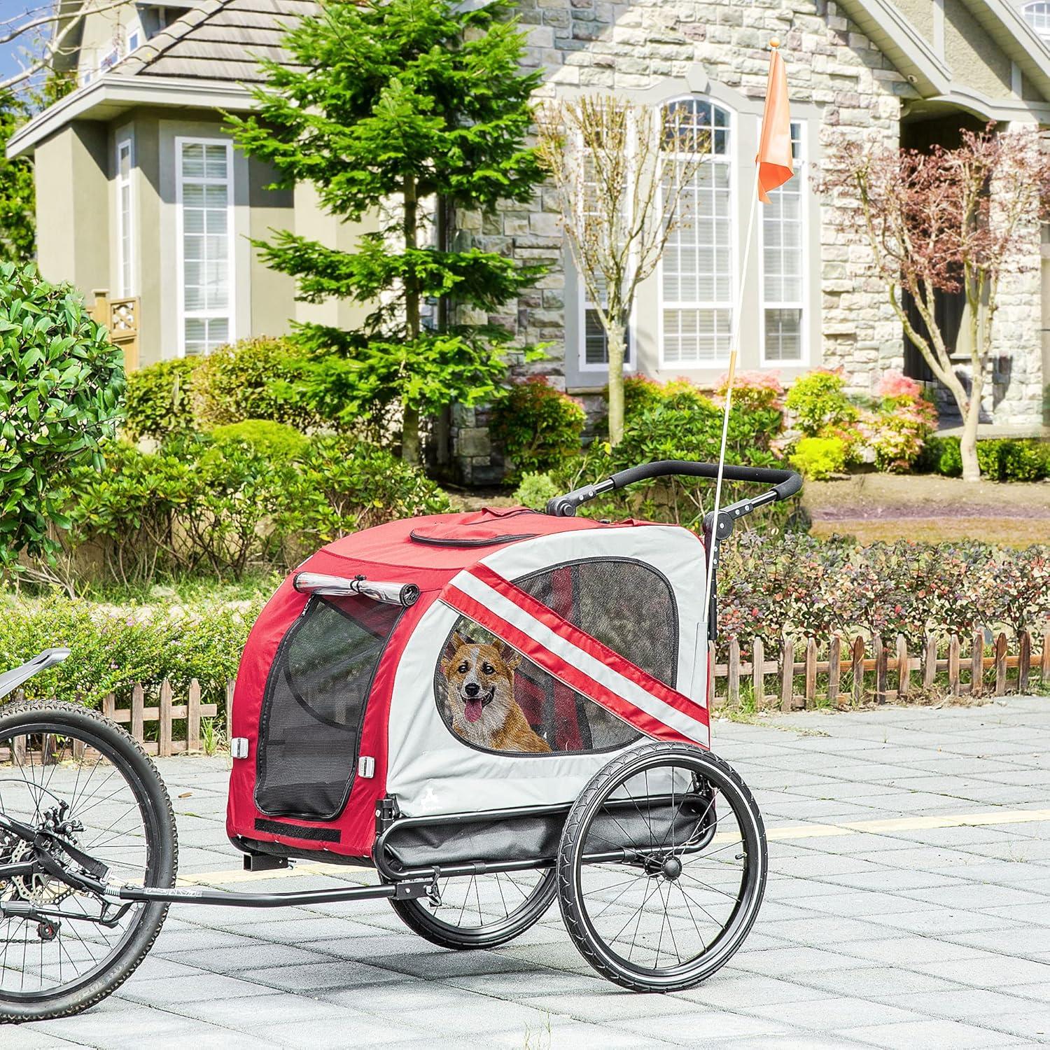 Red and Gray Oxford 2-in-1 Pet Bike Trailer Stroller