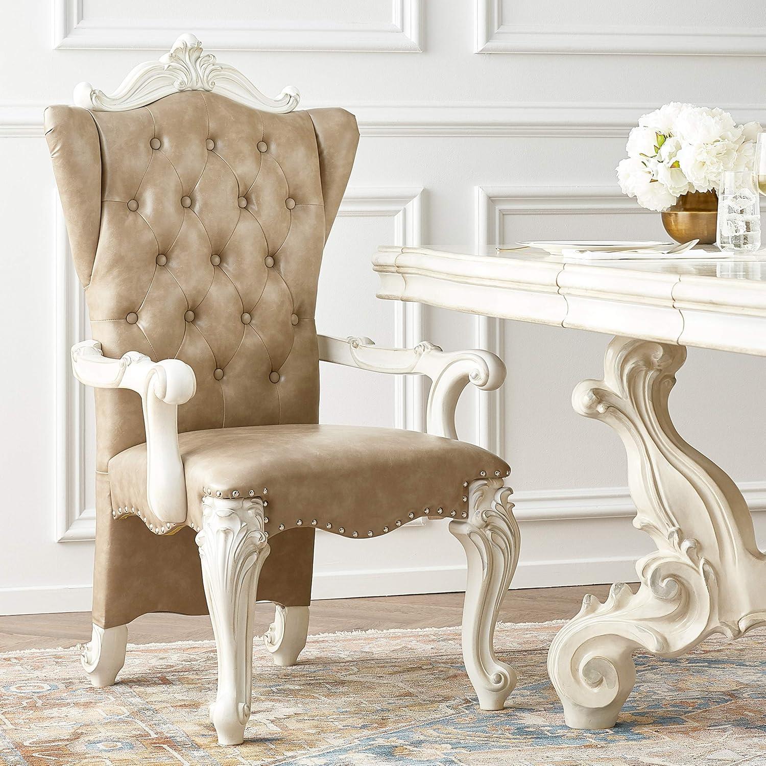 2pc Rovledo Dining Chairs Fabric/Cherry - Acme Furniture: Pearl Champagne Upholstery, Crystal Tufted Back