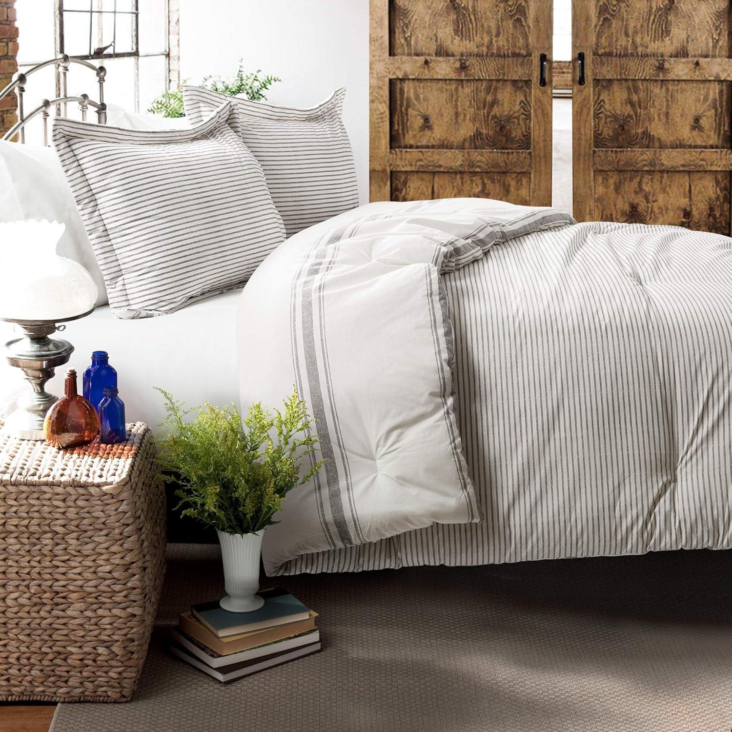 3pc King Farmhouse Stripe Reversible Comforter & Sham Set Gray - Lush Décor