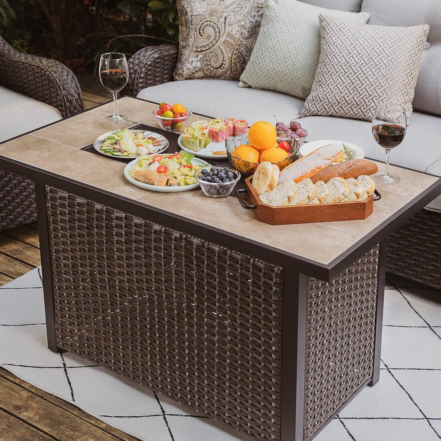 Nuu Garden 43’’ Outdoor Fire Pit Table 50,000 BTU Rattan Fire Pit with Lid and Glass Beads, Brown