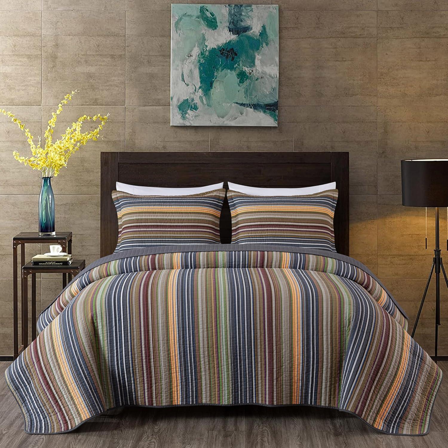 Chezmoi Collection Cotton Quilted Striped Quilt Set