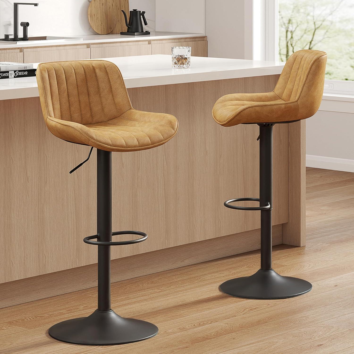 Art Leon Rustic Bar Stools Set of 2, Faux Leather with Backrest Chrome Legs, Upholstered Swivel Kitchen Stools, Black Brown