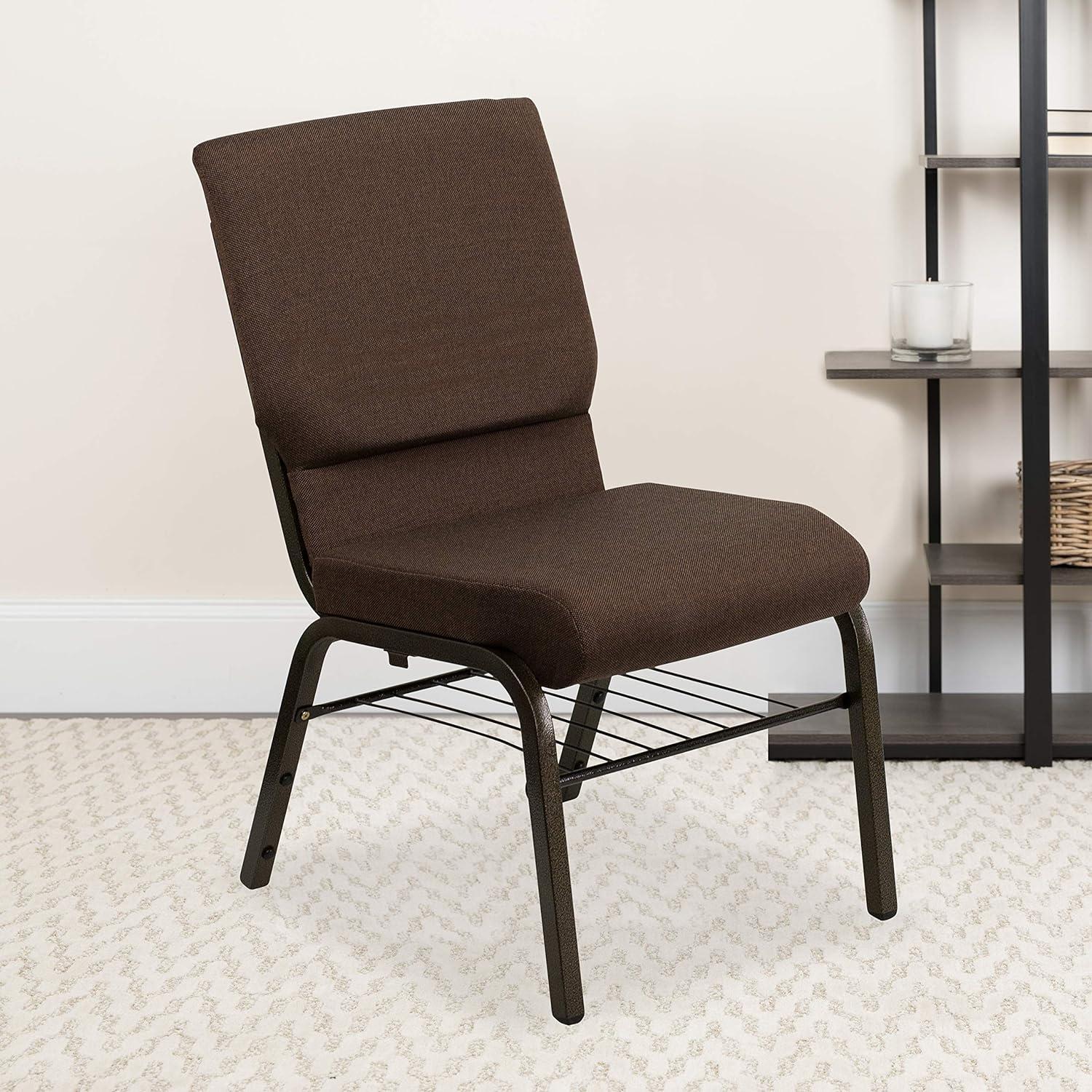 Elegant Brown Fabric Side Chair with Gold Steel Frame and Book Rack