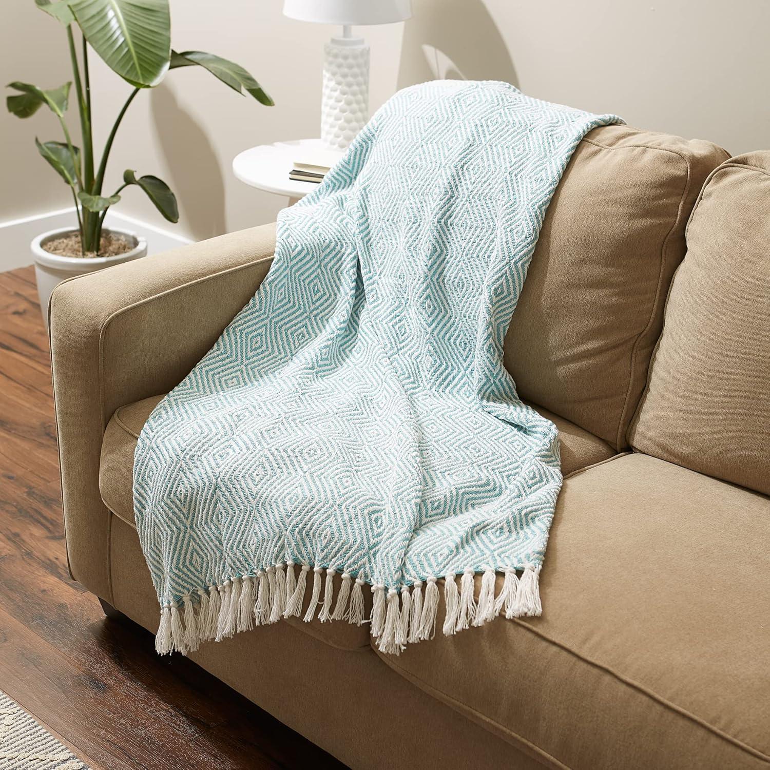 Design Imports 50"x60" Diamond Geometric Throw Blanket Aqua : Lightweight Woven Cotton, Machine Washable, Cozy for All Ages