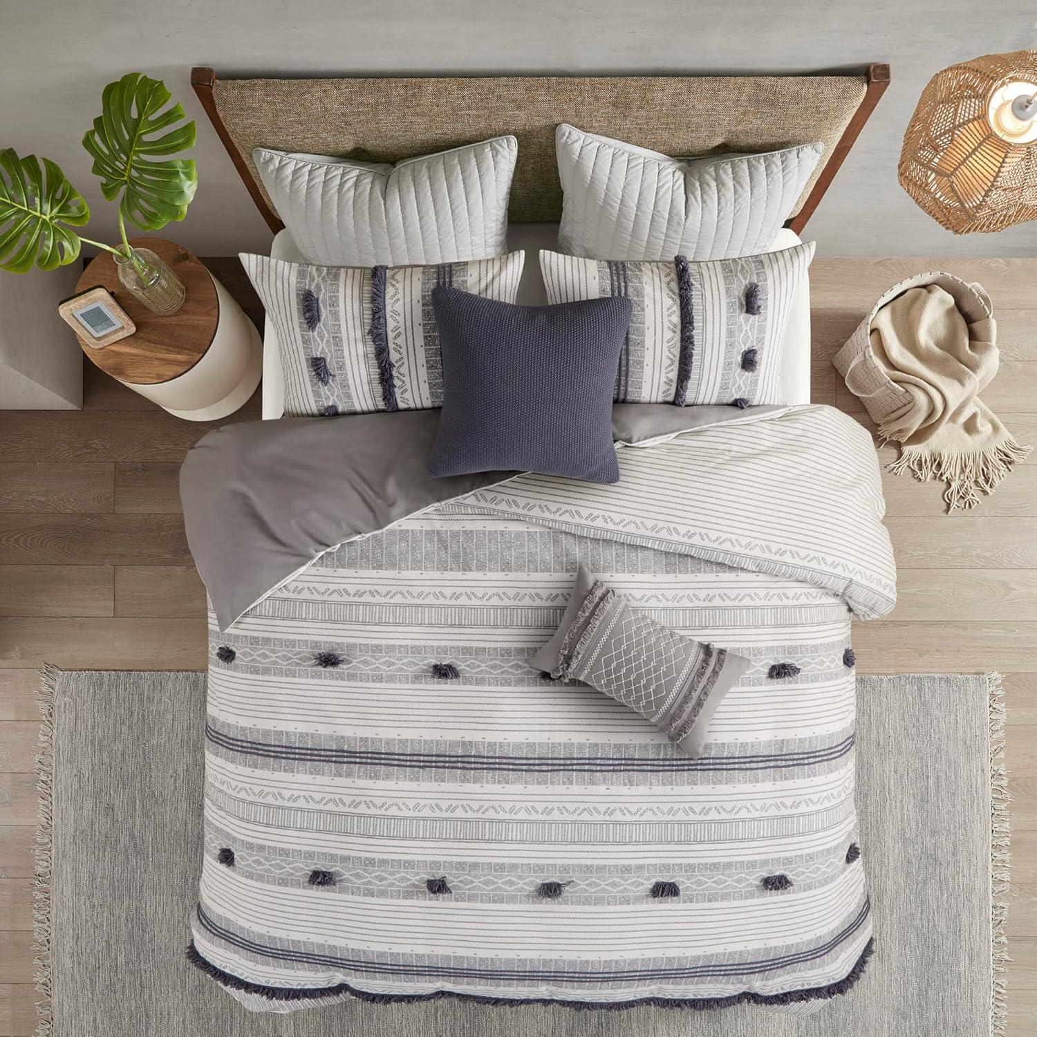 Ink+Ivy 3pc Full/Queen Cody Cotton Duvet Cover Set Gray/Navy: Woven Stripe, Lightweight, OEKO-TEX Certified
