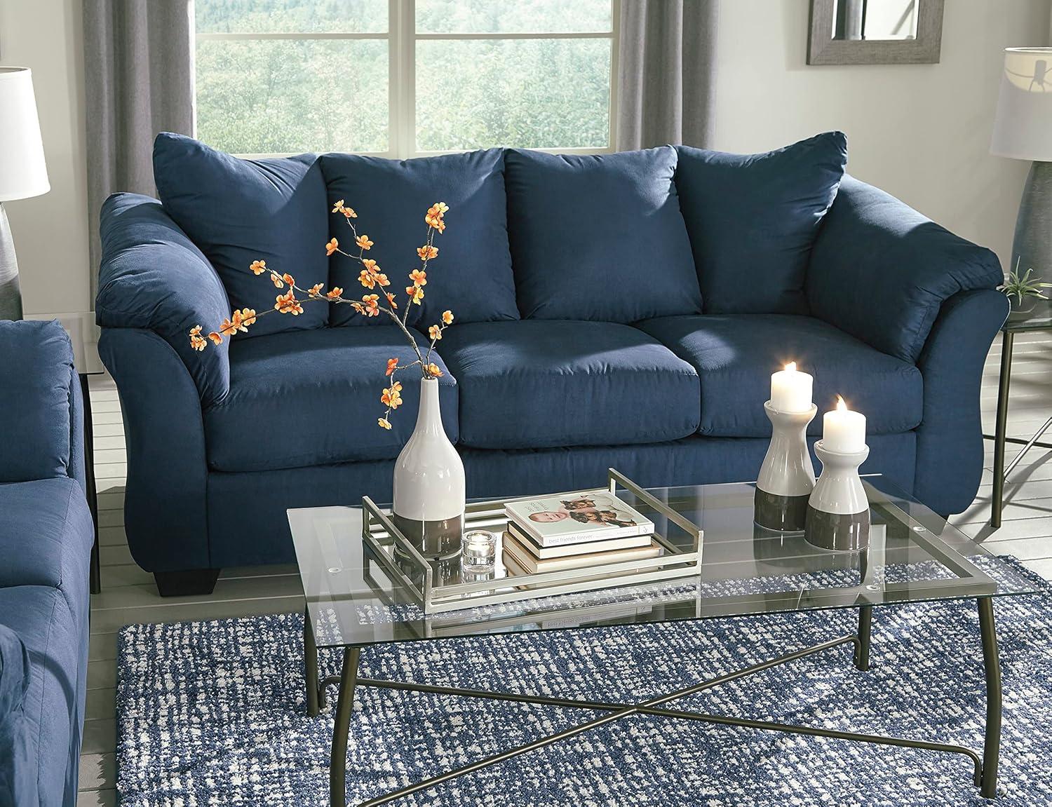 Roundhill Furniture Aruca Navy Blue Microfiber Pillow Back Sofa and Loveseat Set