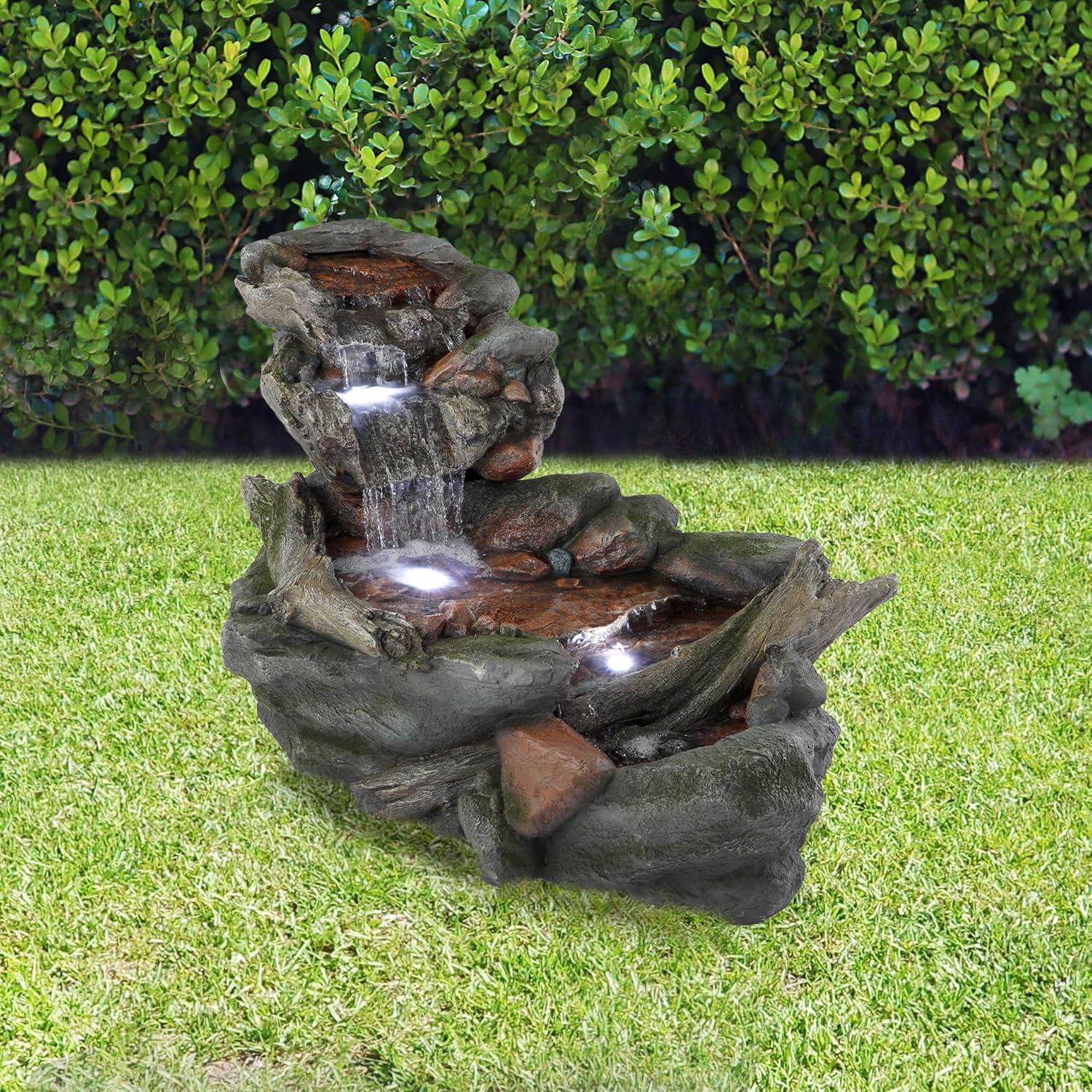 60" Gray Resin 3-Tier Rock River Fountain with LED Lights