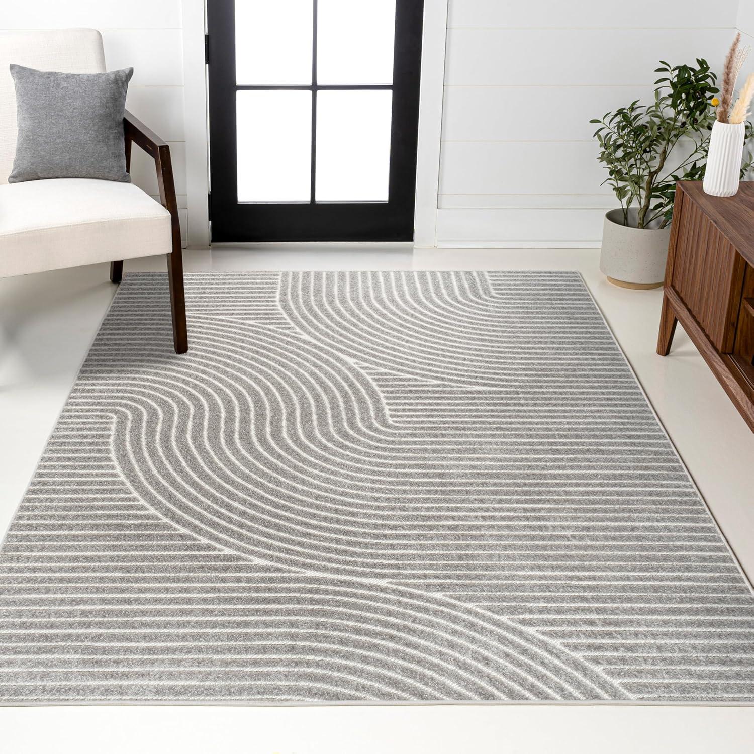 JONATHAN Y Skagen High-Low Minimalist Curve Geometric Gray/Ivory 4 ft. x 6 ft. Indoor/Outdoor Area Rug