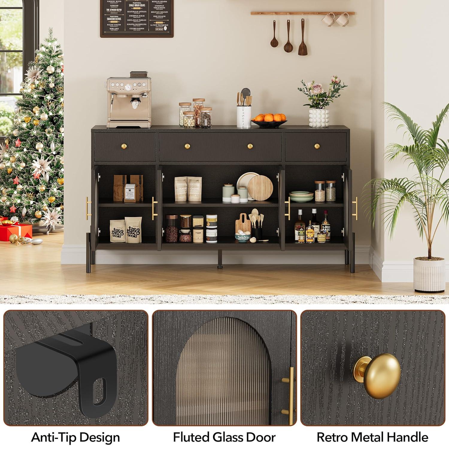 62" Large Sideboard Buffet Cabinet with Storage and 3 Drawers, Buffet Table Coffee Bar Storage Cabinet with 4 Glass Doors