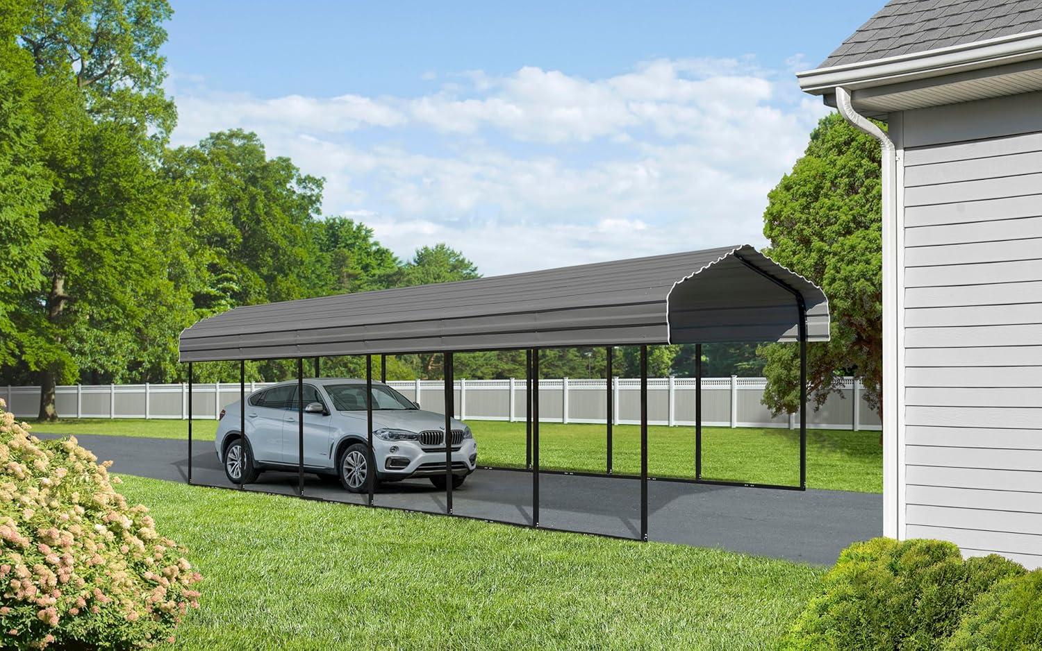 Charcoal Galvanized Steel Carport Shelter, 12' x 29' x 9'