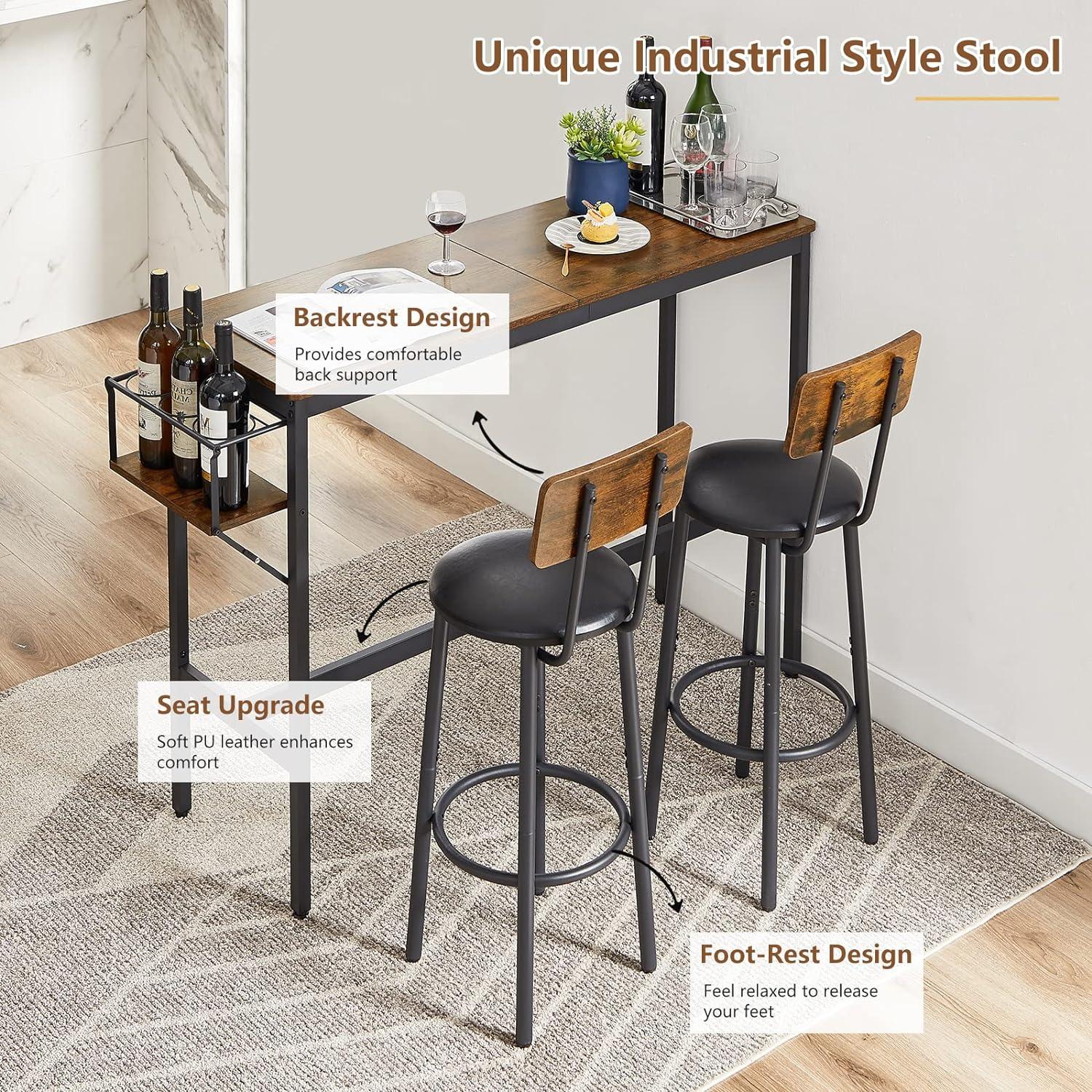 Table and Chair Set for 2  3-Piece Dining Table Set w/Folding Wine Rack   Table &2 PU Soft Stools w/Back  Counter Height Table and Chairs for Home  (Brown  47.2)