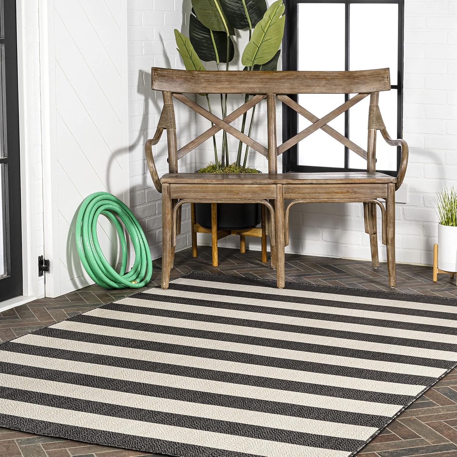 3' x 5' Negril Two-Tone Wide Stripe Indoor/Outdoor Area Rug, Black/Beige - JONATHAN Y