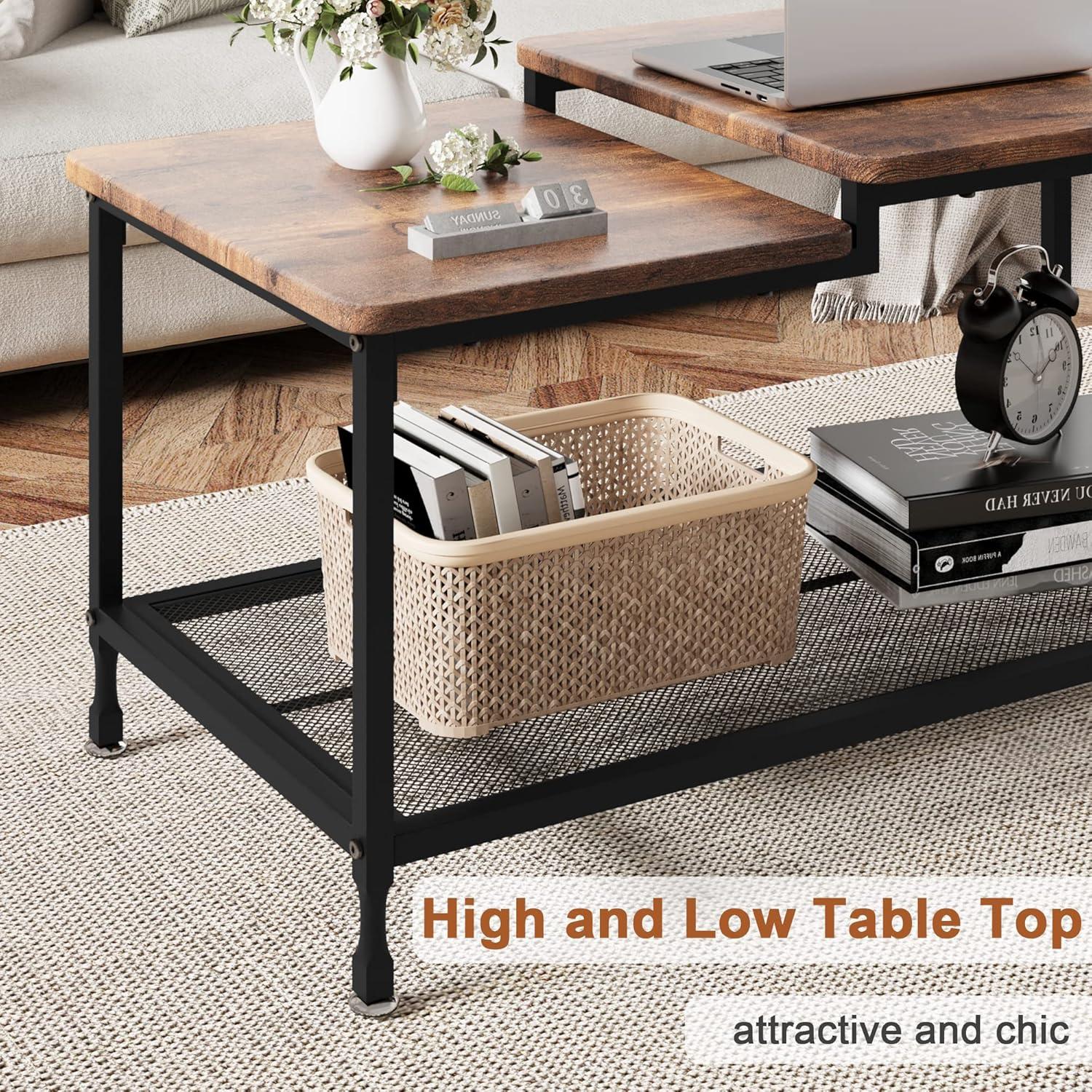 2-Tier Coffee Table with Mesh Shelf, Rustic Rectangle Center Table for Living Room, Storage Cocktail Table with Metal Frame, Easy to Assemble, Rustic Brown