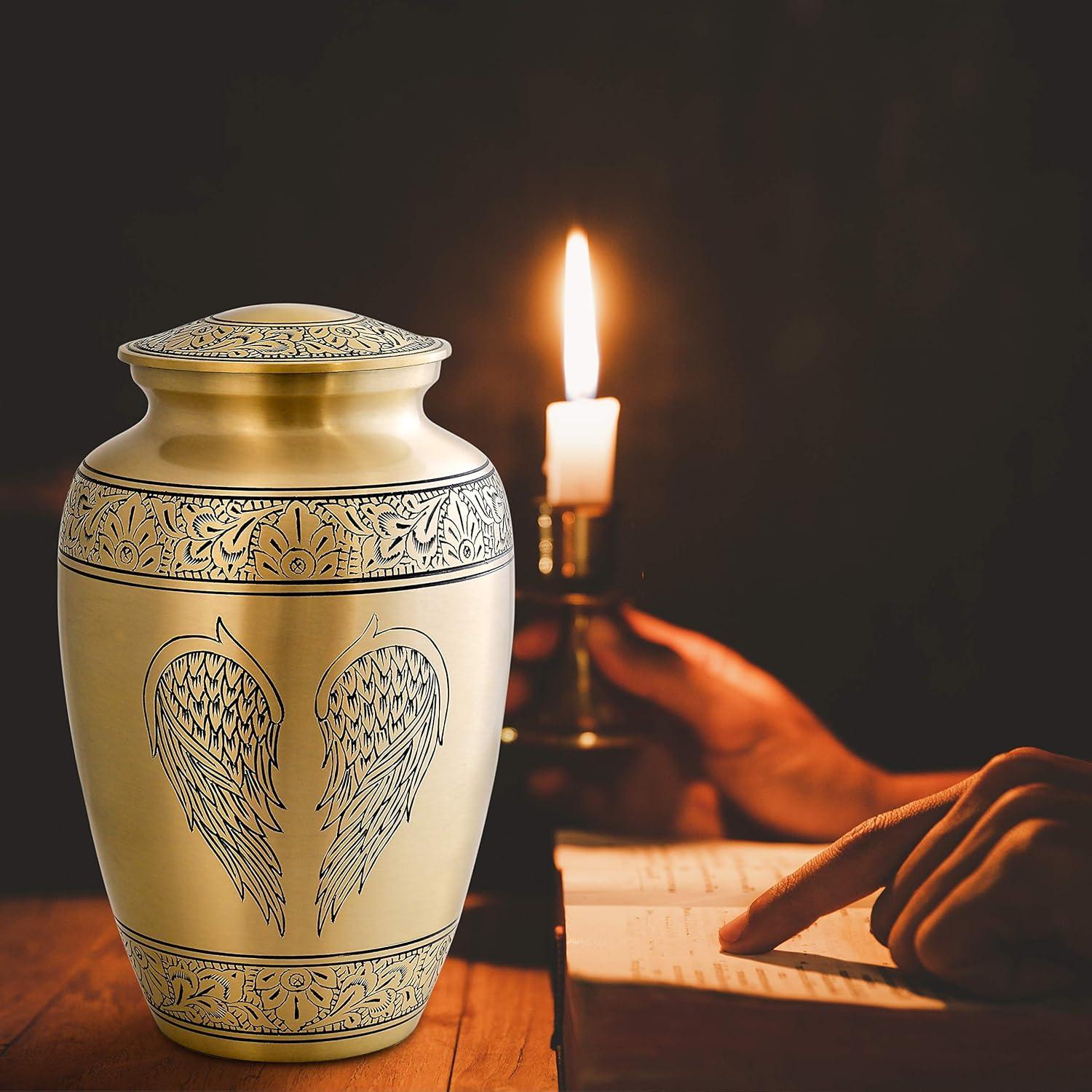 Cremation Urn for Human Ashes with Satin Bag, for Adults up to 200 lbs | Large Handcrafted Funeral Urns by Divit Shilp (Golden Angel Wings, Adult)