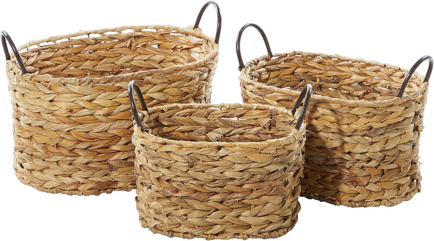 DecMode 16", 13", 11"W Brown Metal Handmade Storage Basket with Metal Handles, 3-Pieces