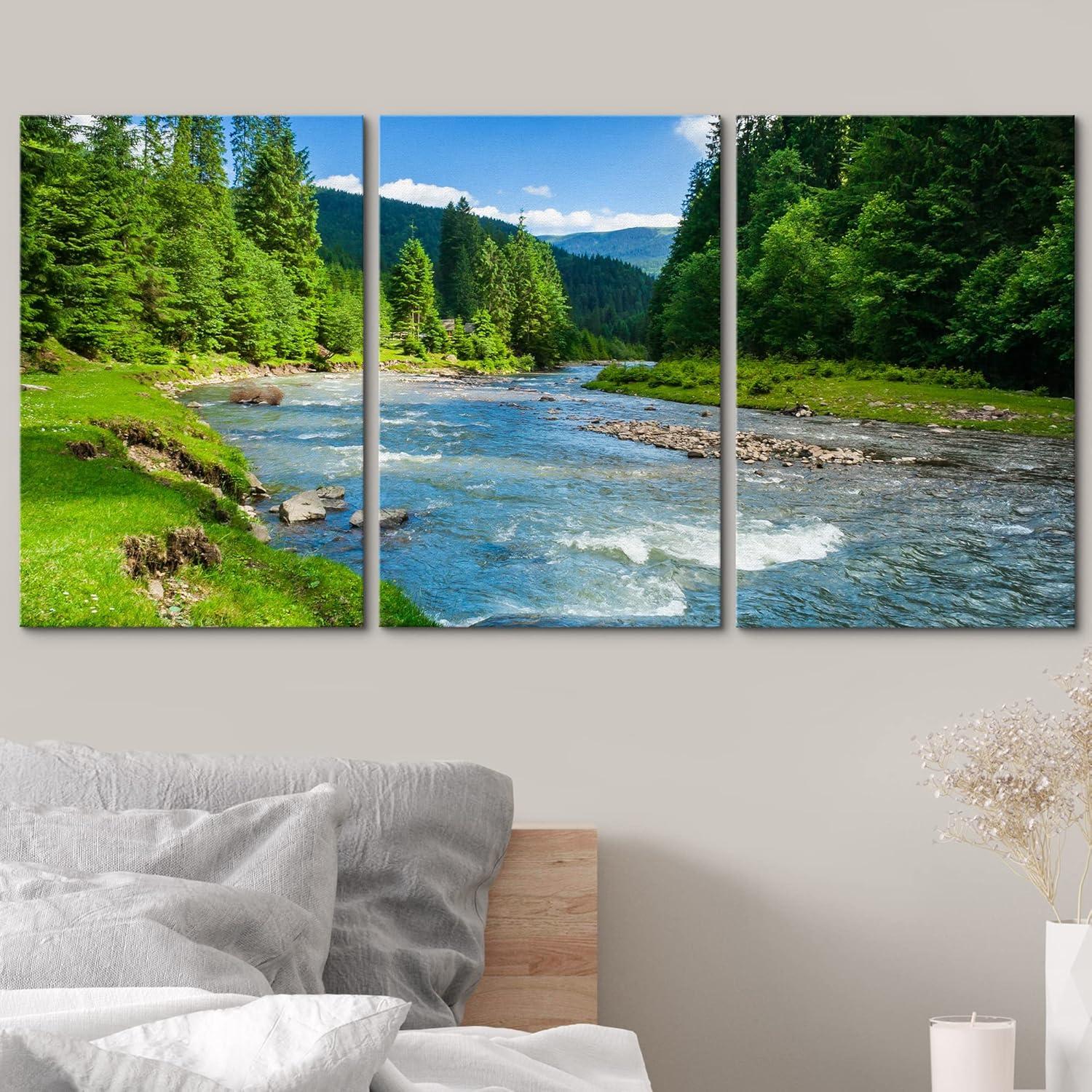 wall26 - 3 Piece Canvas Wall Art - Landscape with Mountains Trees and a River in Front - Modern Home Art Stretched and Framed Ready to Hang - 16"x24"x3 Panels