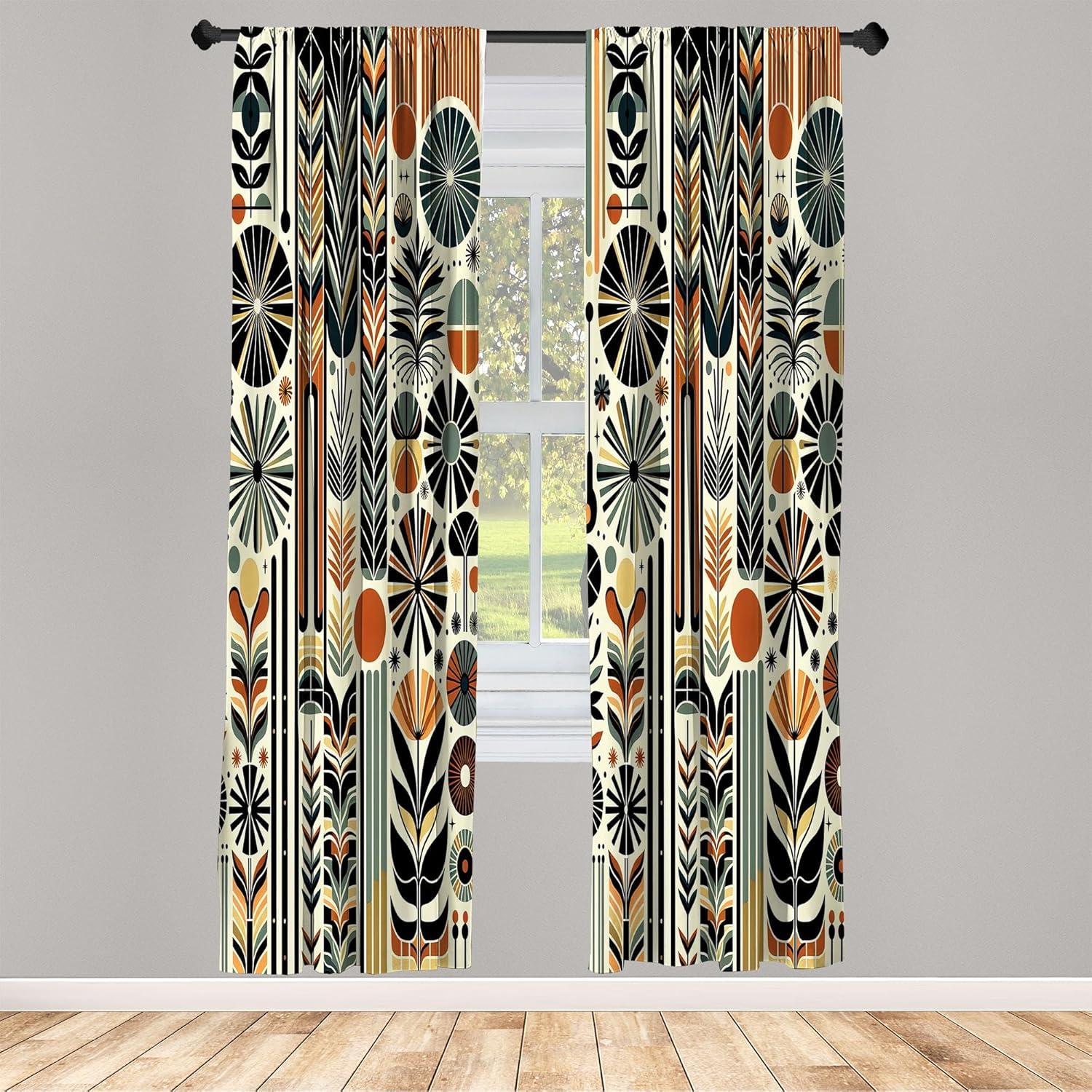 Ambesonne Bohemian Curtains 2 Panel Set, Retro Mid Century Abstract, Pair of - 28" x 95", Dark Orange and Reseda Green