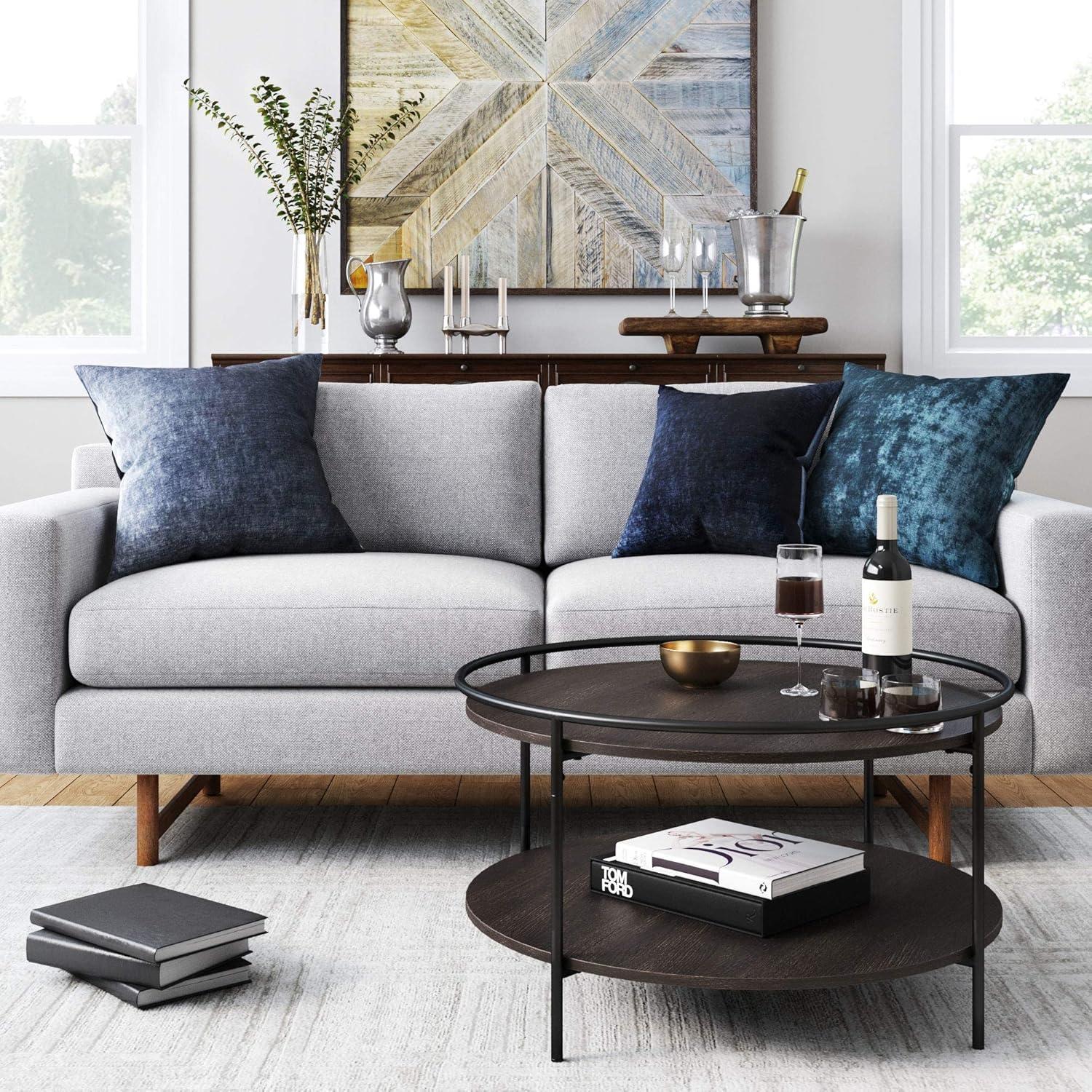 Nathan James Paloma Round Coffee Tea or Cocktail with Raised Tray Top Edge Tables, 2-Tier Minimalist Style Living Room, Dark Oak/Matte Black