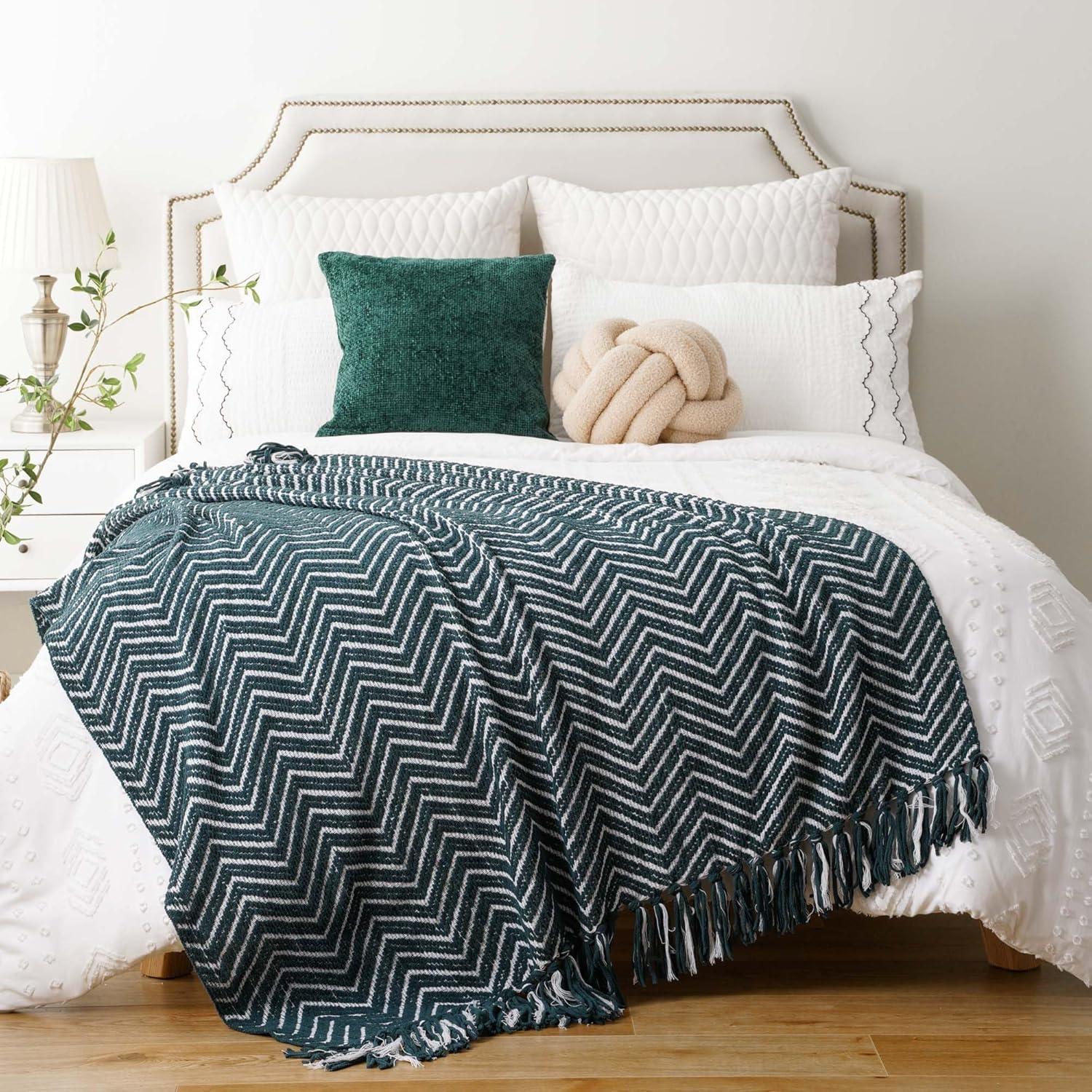 Dark Green and White Knitted Reversible Throw Blanket with Fringe