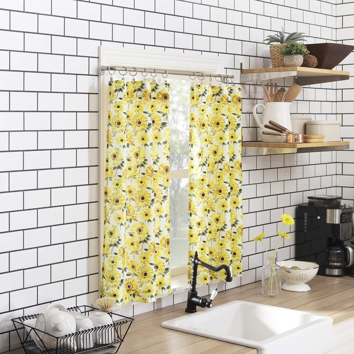 Sunflower Print Semi Sheer Rod Pocket Kitchen Curtain Valance and Tiers Set Yellow - No. 918