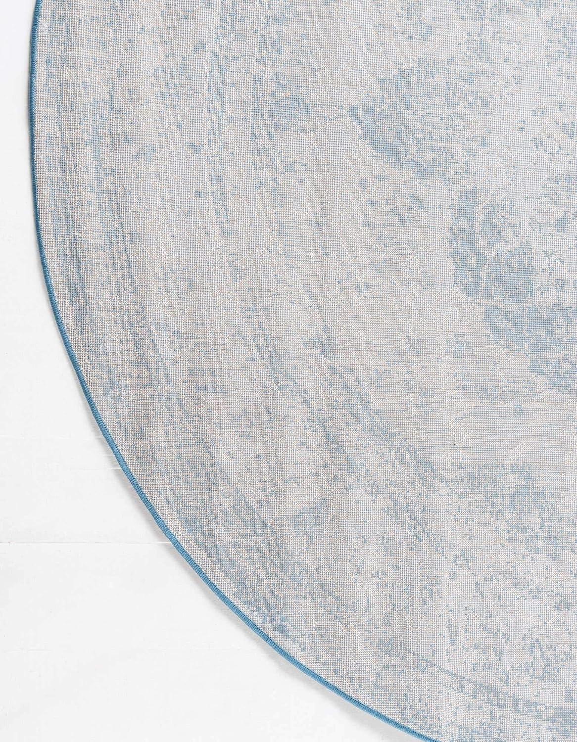 Reversible Round Blue and Light Blue Medallion Synthetic Rug