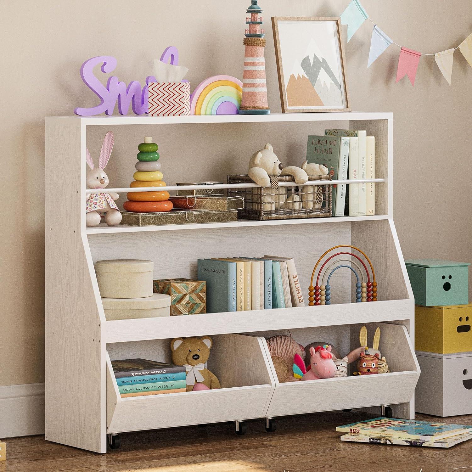 IRONCK Toy Storage Organizer, Kids Bookshelf with 2 Movable Cubby Drawers, Top Toy Storage with Crossbar, Storage Cabinet for Nursery, Playroom, White