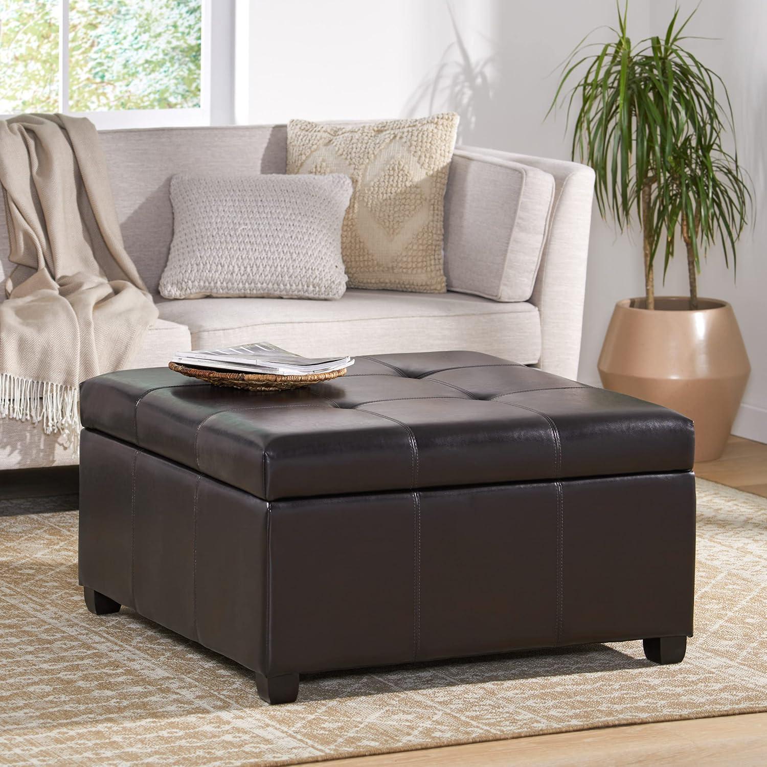 Espresso Tufted Leather Storage Ottoman with Birch Legs