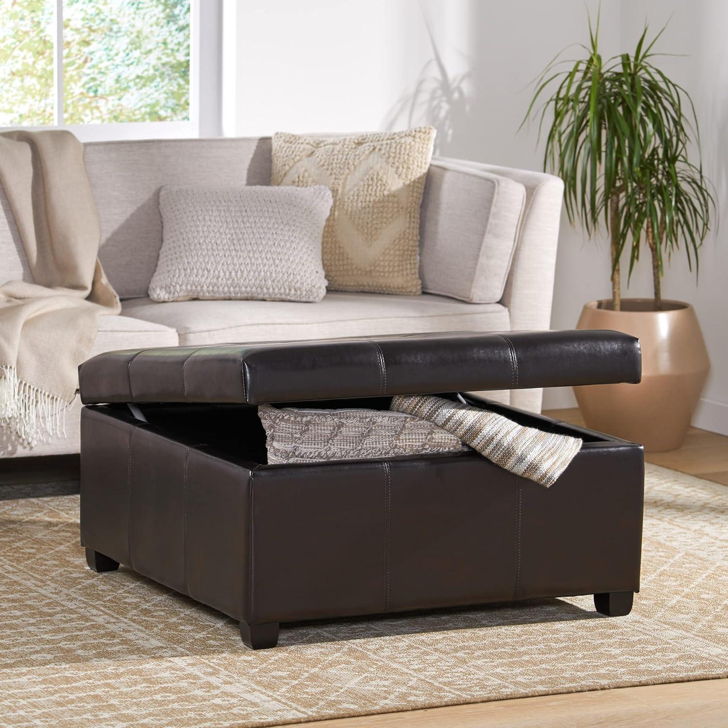 Espresso Tufted Leather Storage Ottoman with Birch Legs