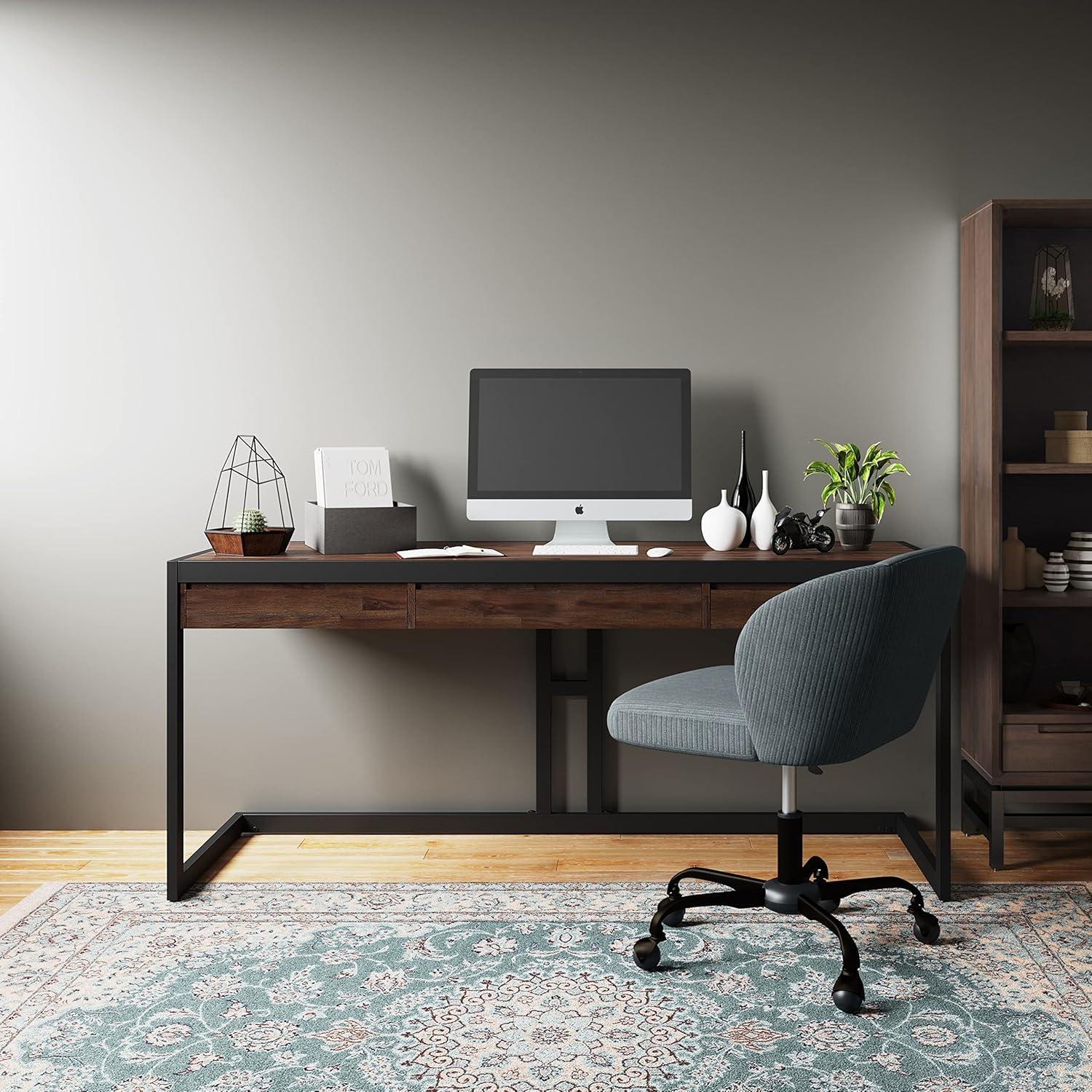 Simpli Home Erina 48"W Solid Acacia Wood Small Desk, Industrial Style with Keyboard Tray and 2 Drawers