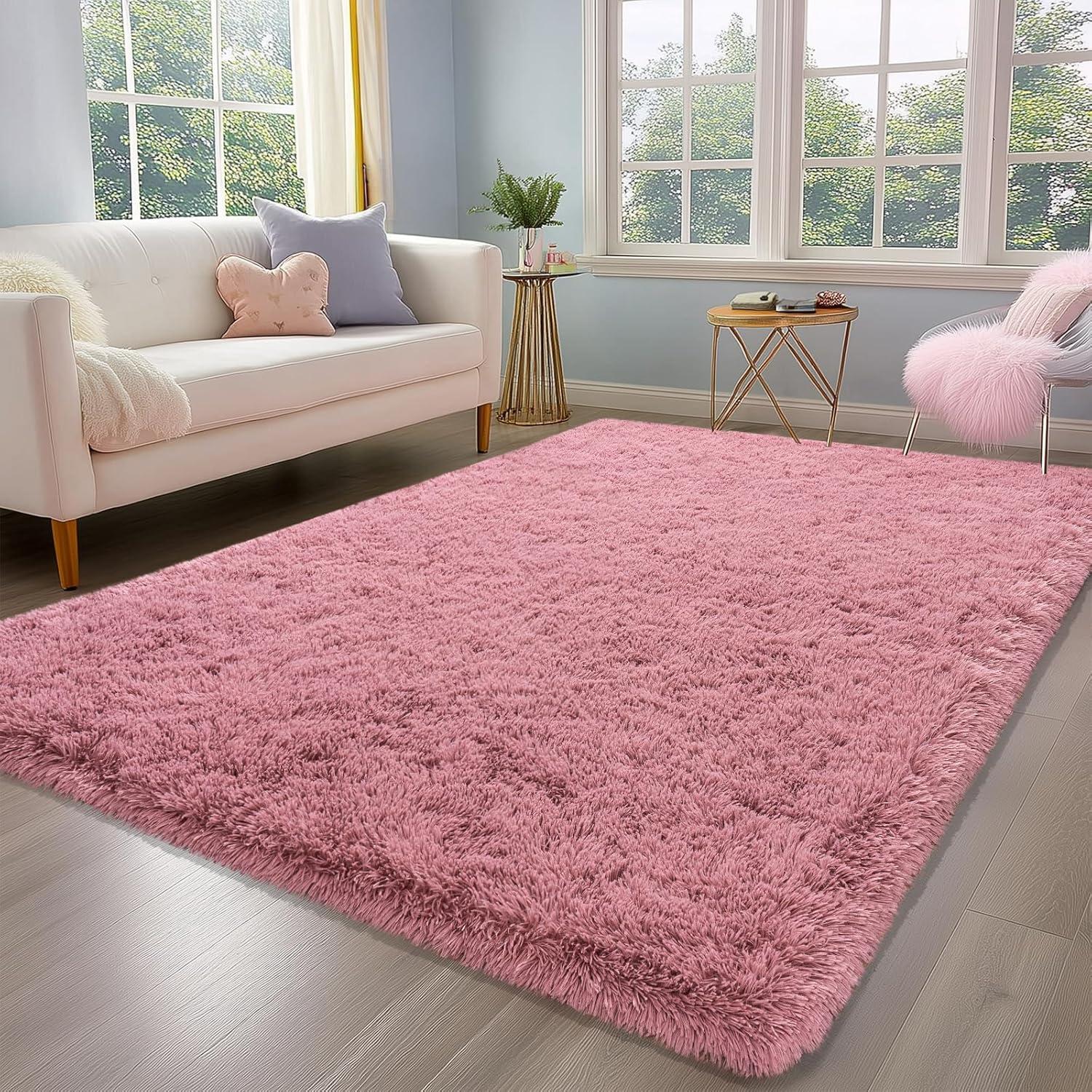 Large Shag Rug 6 x 9 for Living Room, Fluffy Blush Pink Area Rug for Girls Kids Bedroom, Soft Fuzzy Plush Throw Carpet, Non Slip Modern Indoor Shaggy Rug for Home Decor Aesthetic
