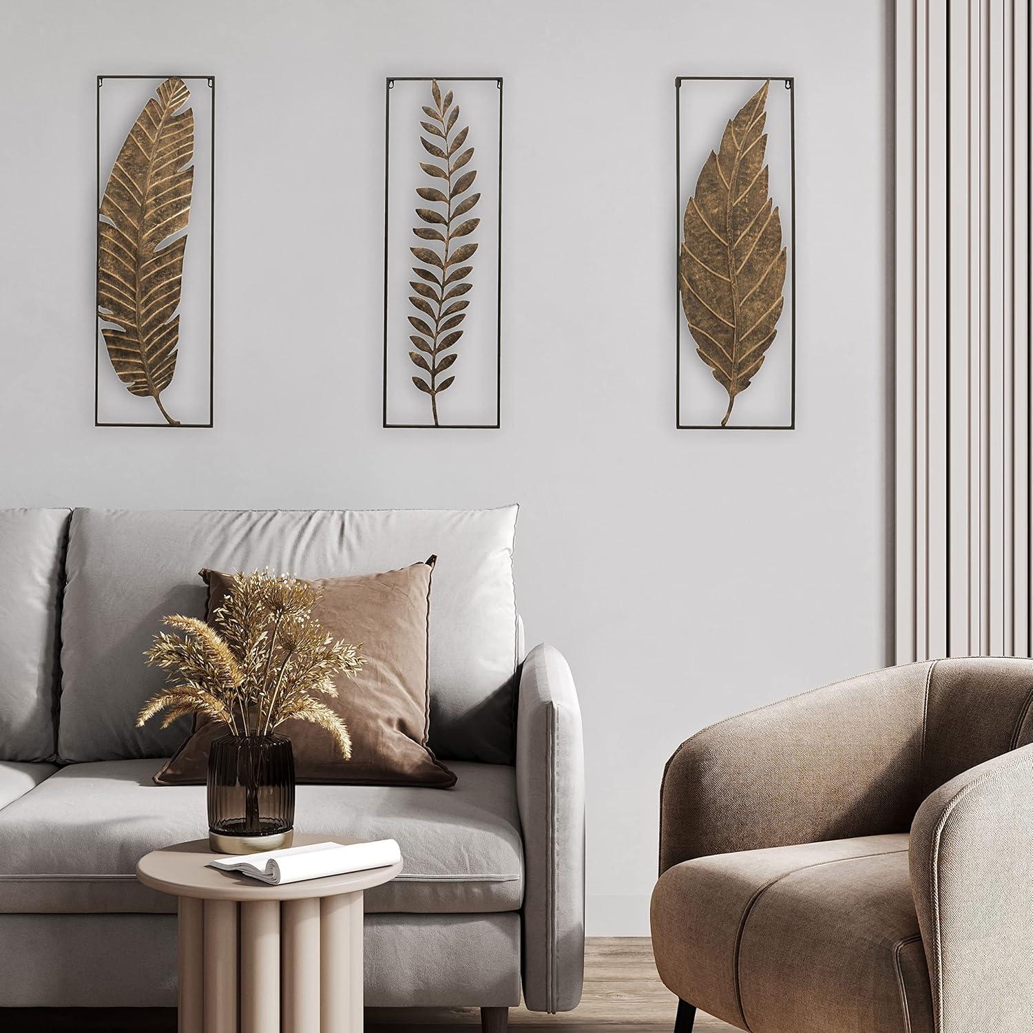 Modernist Abstract Leaf Wall Sculptures, Set of 3, Lacquered Antique Golden Gilt Over Metal, Black Frames, Brushed Tonal Finish, Cut-Out Details,