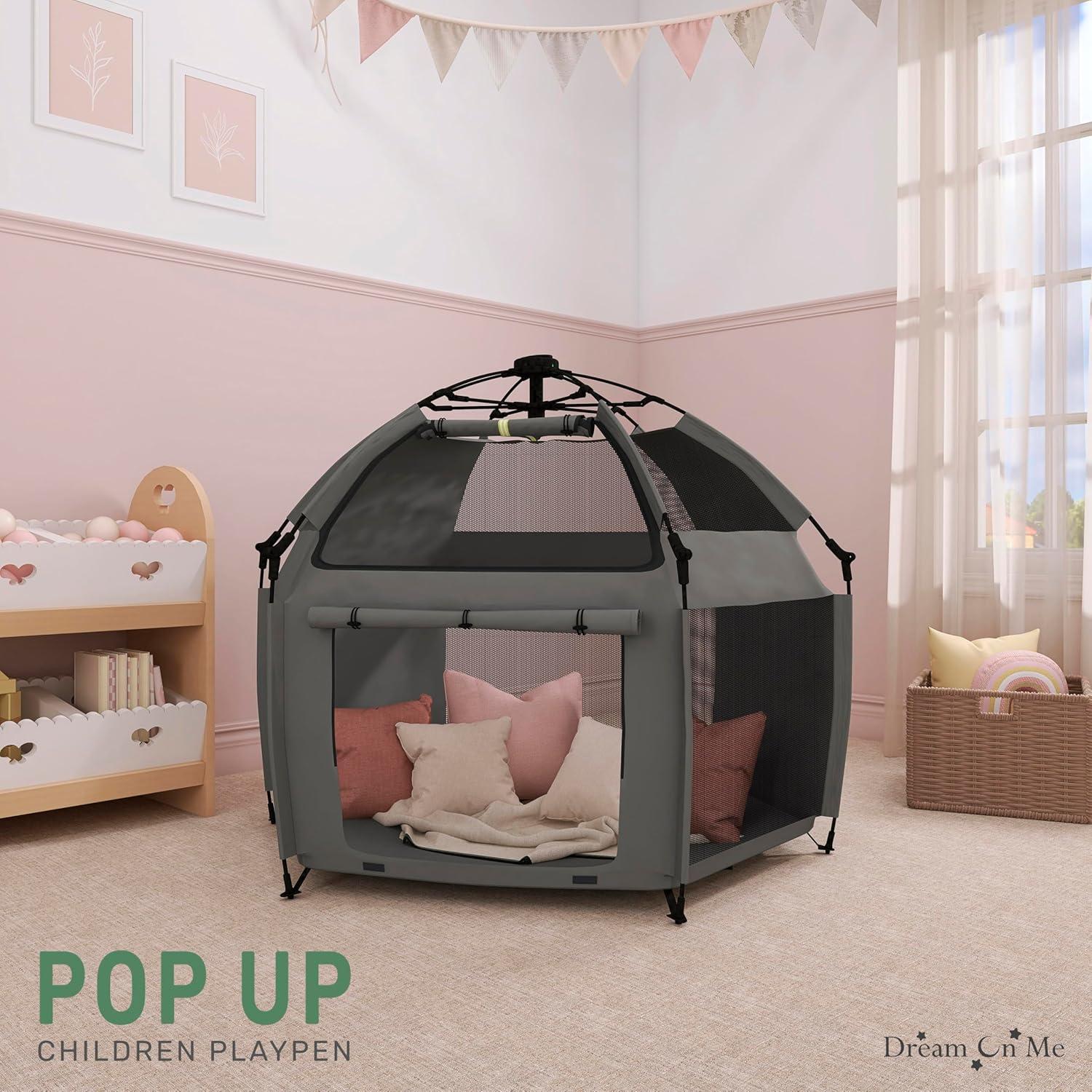 Charcoal Gray Pop-Up Children Playpen with Canopy Cover