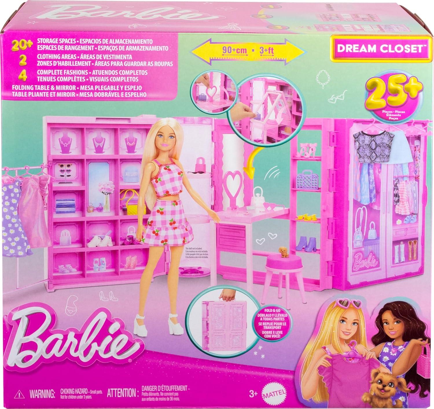 Barbie Dream Closet Toy Playset with Clothes & Accessories, 3-ft-Wide with 25+ Pieces