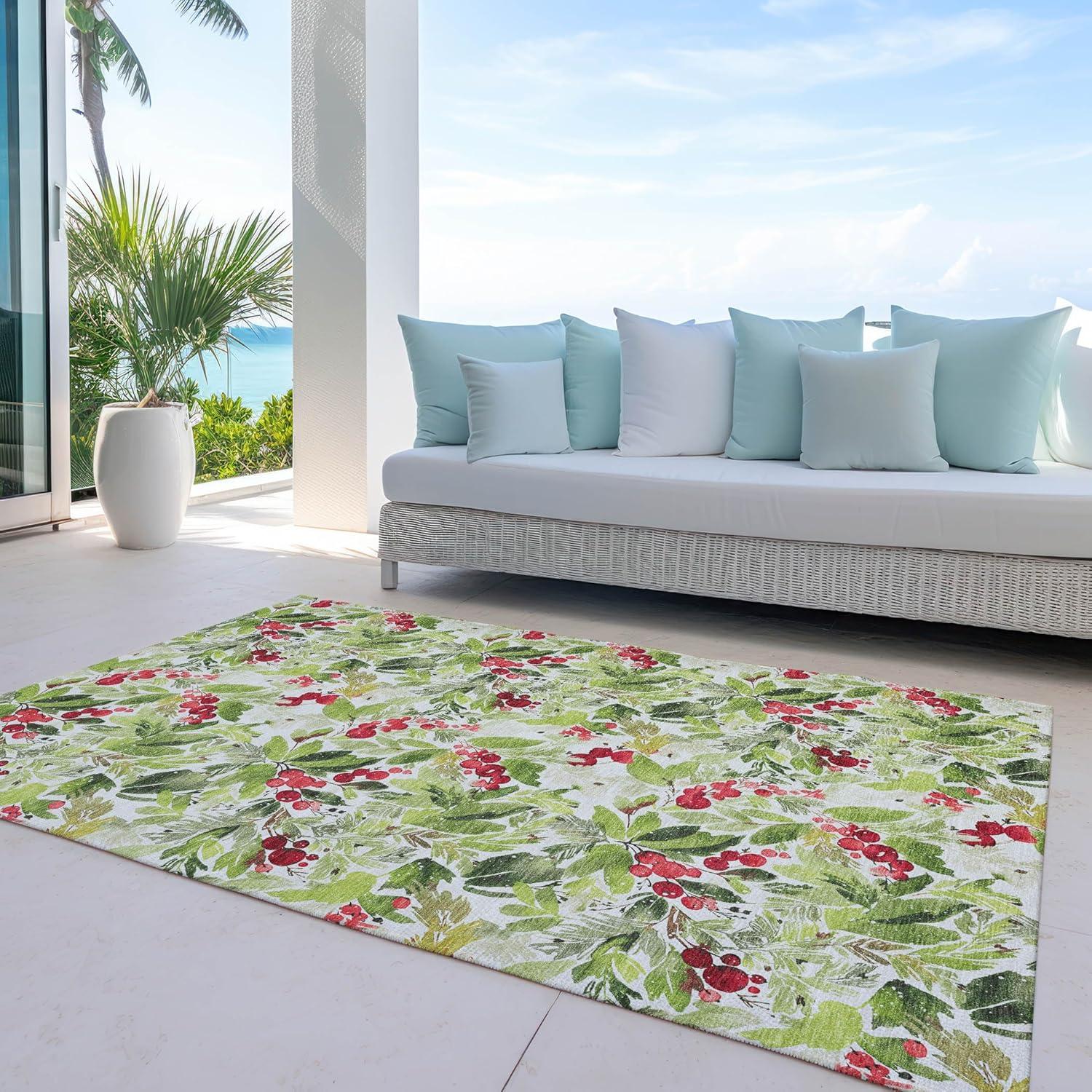 Aloe and Red Holly Berry Washable Synthetic Rug