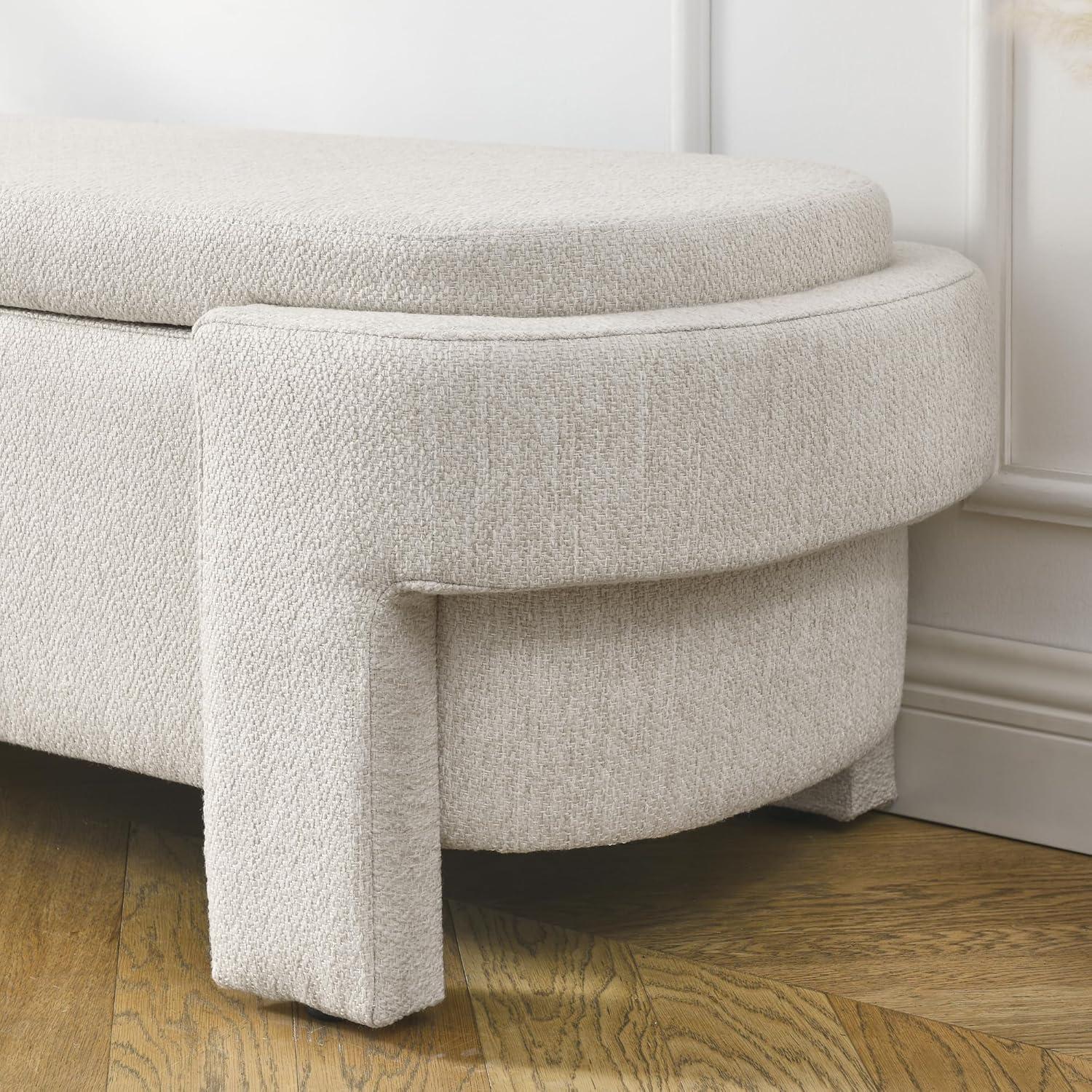 Beige Upholstered Oval Storage Bench with Wood Legs