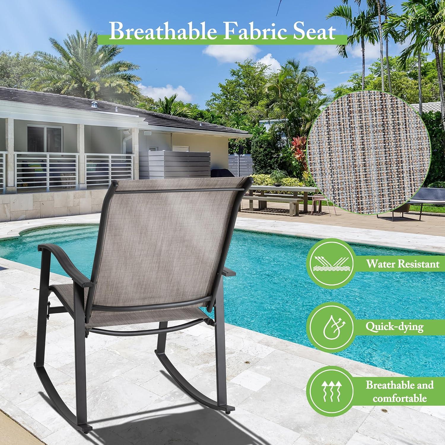 Sobaniilo 3 Piece Outdoor Rocking Bistro Set, Textilene Fabric Rocking Chair Set with Glass Table, for Lawn, Garden, Balcony, Poolside (Taupe)