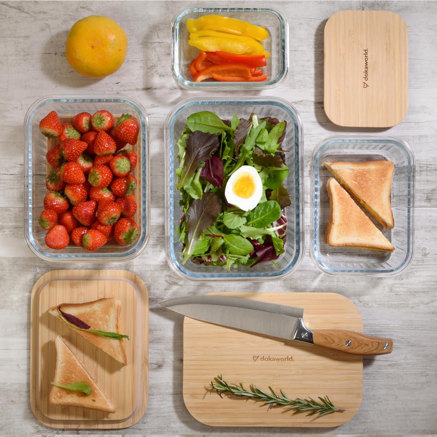 Amber Glass Meal Prep Containers with Acacia Lids, Set of 4