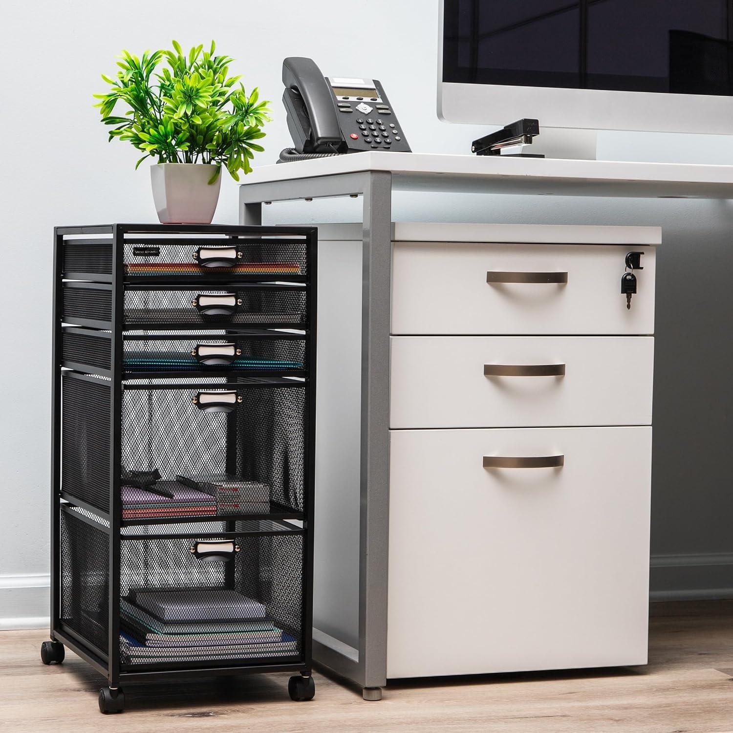 Black Mesh Rolling File Cabinet with 5 Drawers