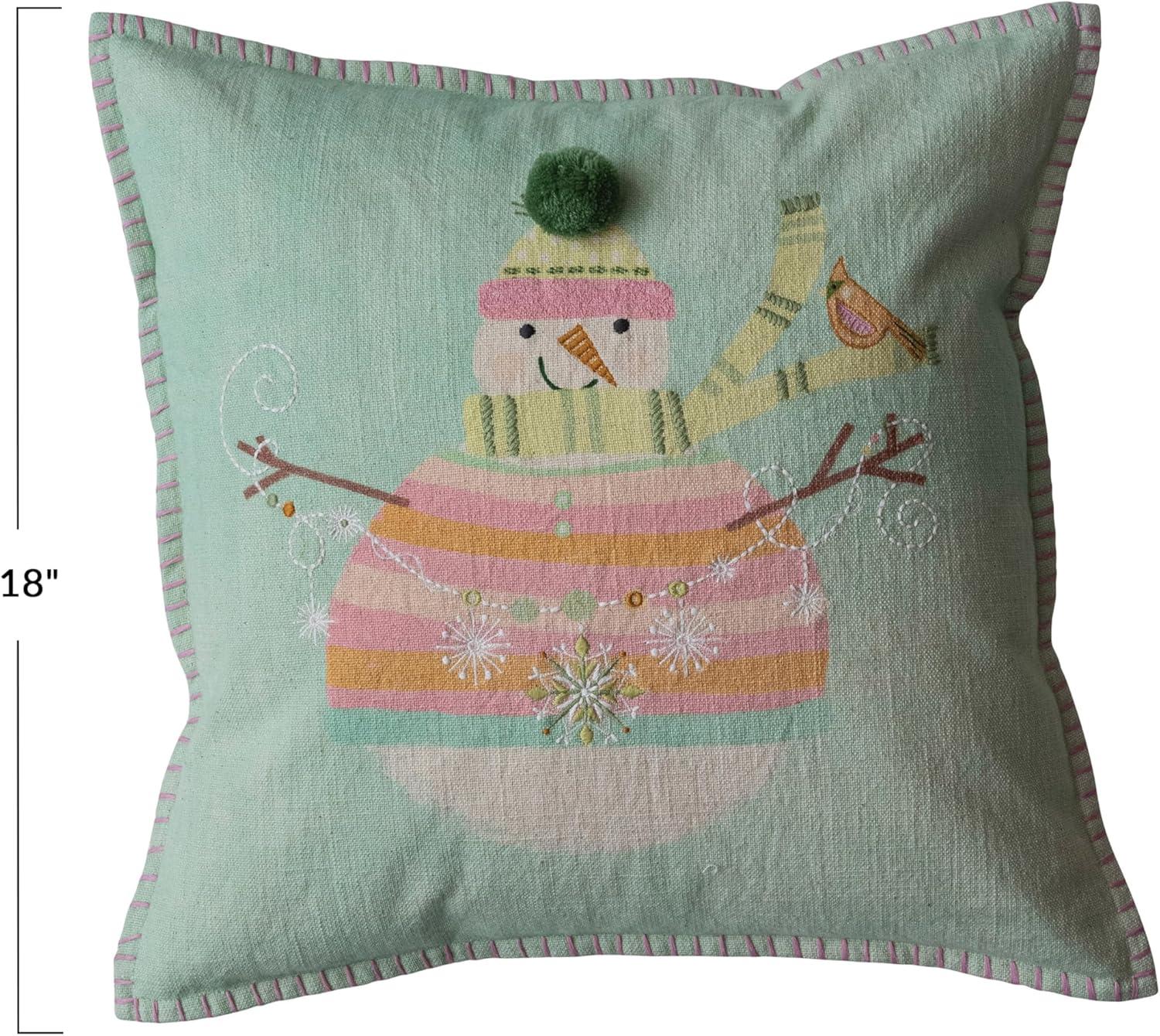 18" Multicolor Cotton Snowman Embroidered Holiday Throw Pillow