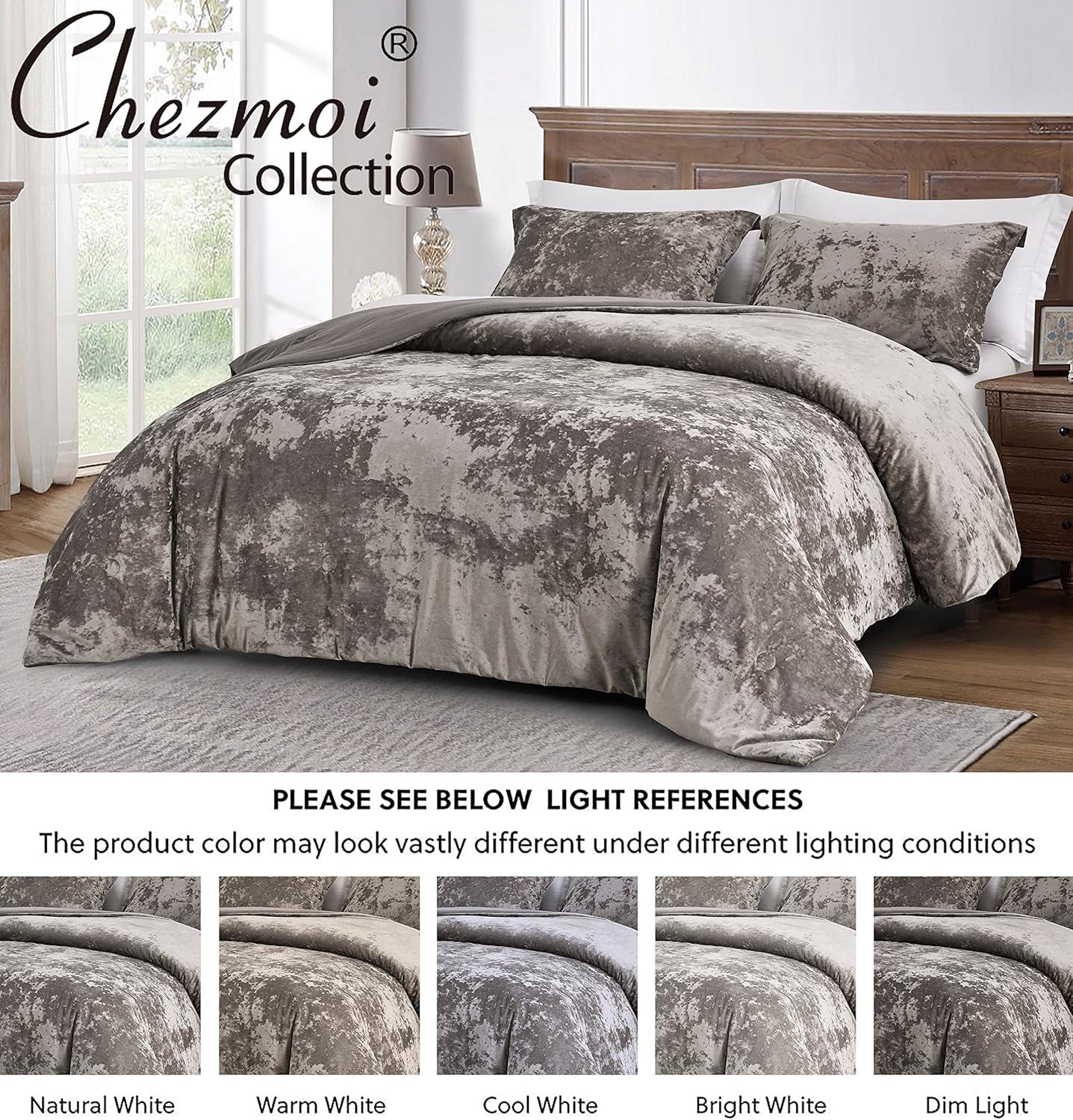 Chezmoi Collection Lux 3-Piece Pewter Gray Shimmer Velvet Bedding Set Full Size Lush Plush Velvet Comforter Set With Soft Brushed Microfiber Reverse