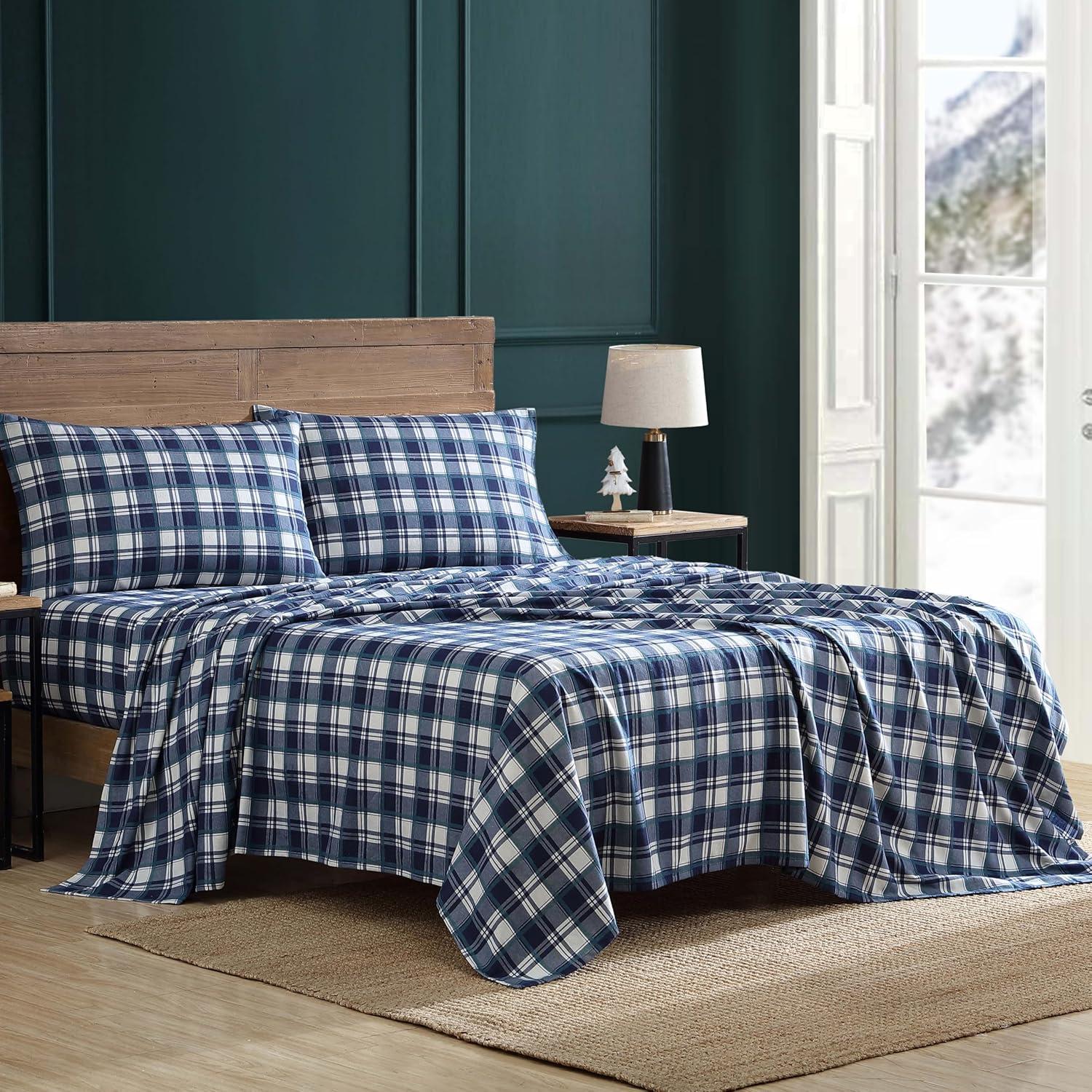 Winter Nights Cotton Flannel Sheet Set, Queen, Navy Plaid