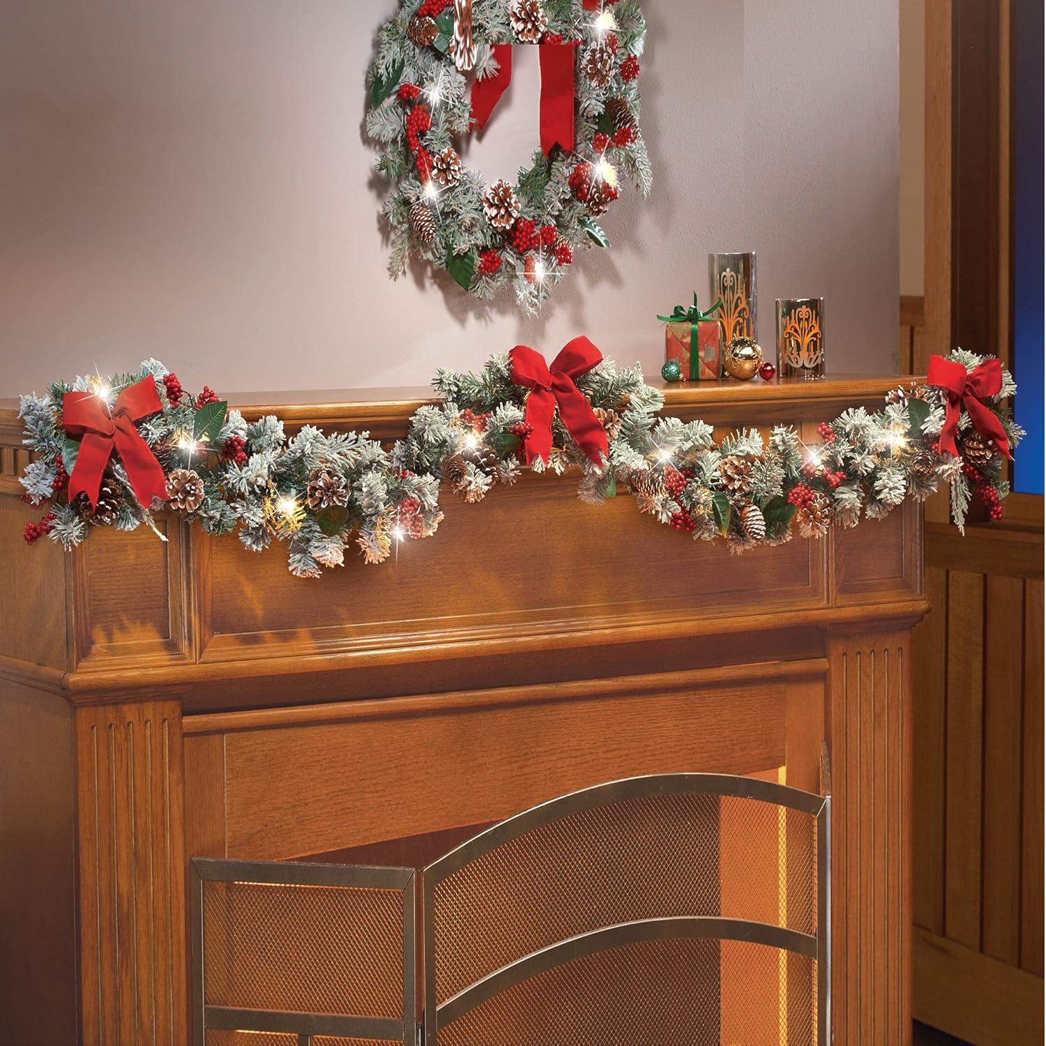 Lighted Frosted Pine Garland with Red Bows and Pinecones