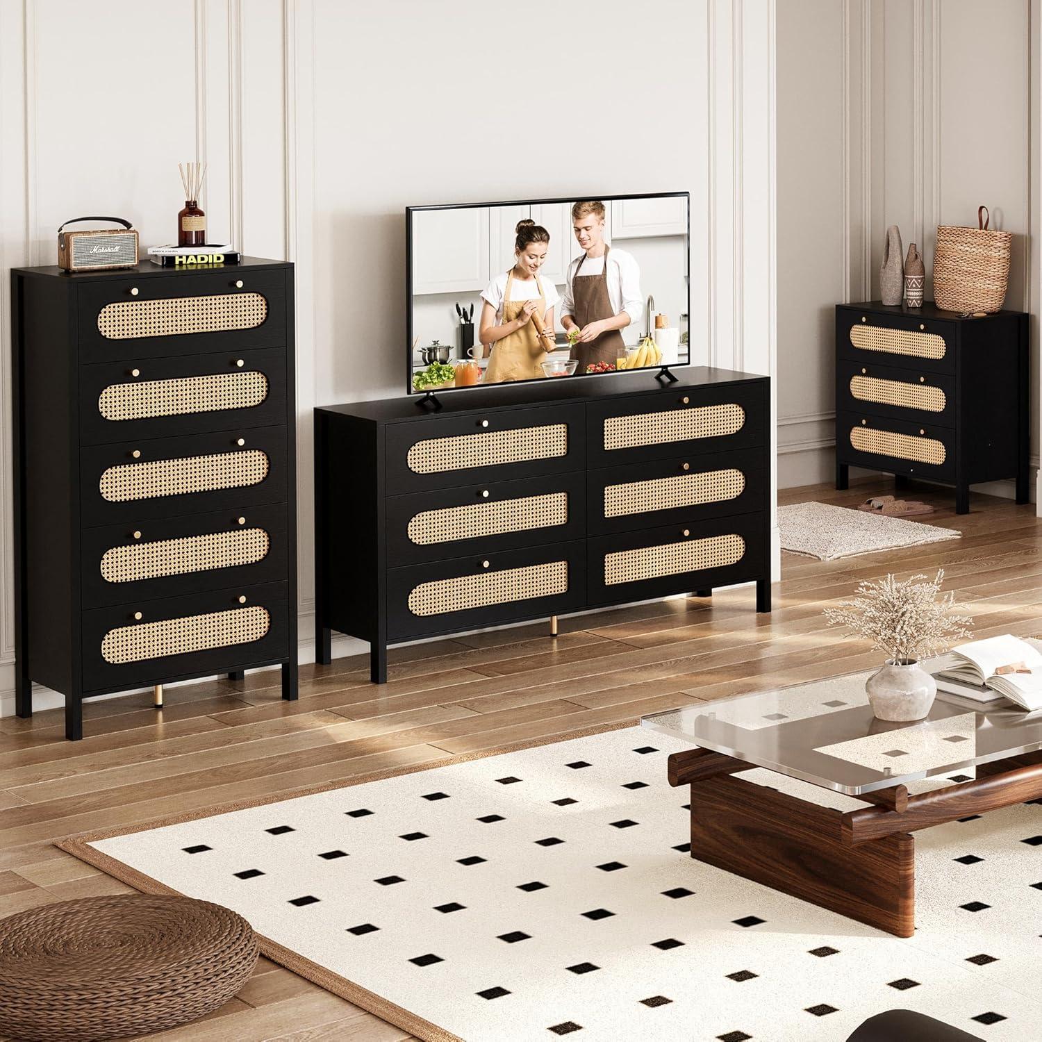 Black Double Rattan 6-Drawer Dresser with Gold Handles