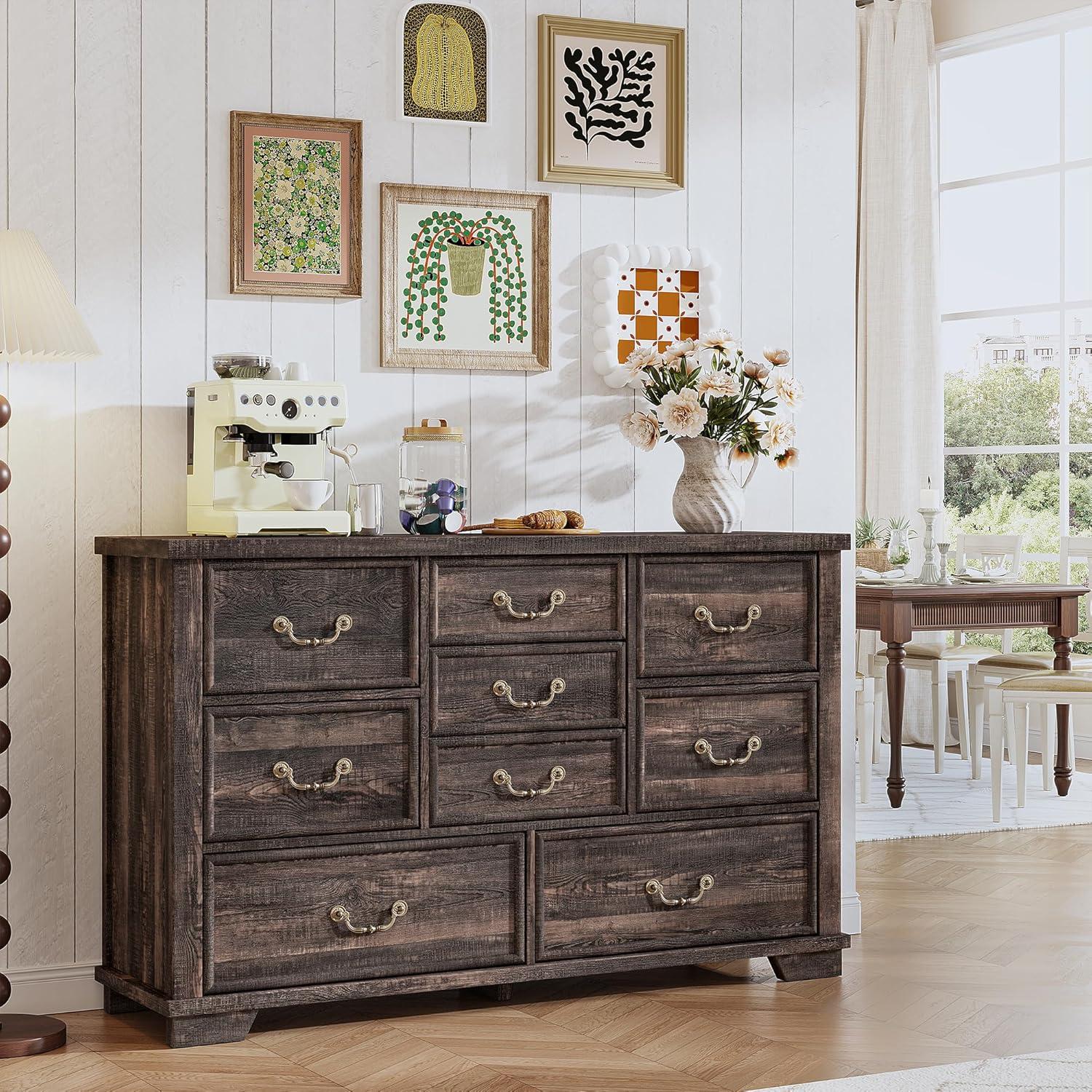 Dark Rustic Oak 9-Drawer Antique Wood Dresser with Metal Handles