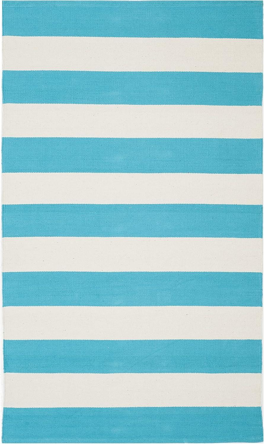 Turquoise & Ivory Stripe Round Cotton Area Rug, 3' x 5'