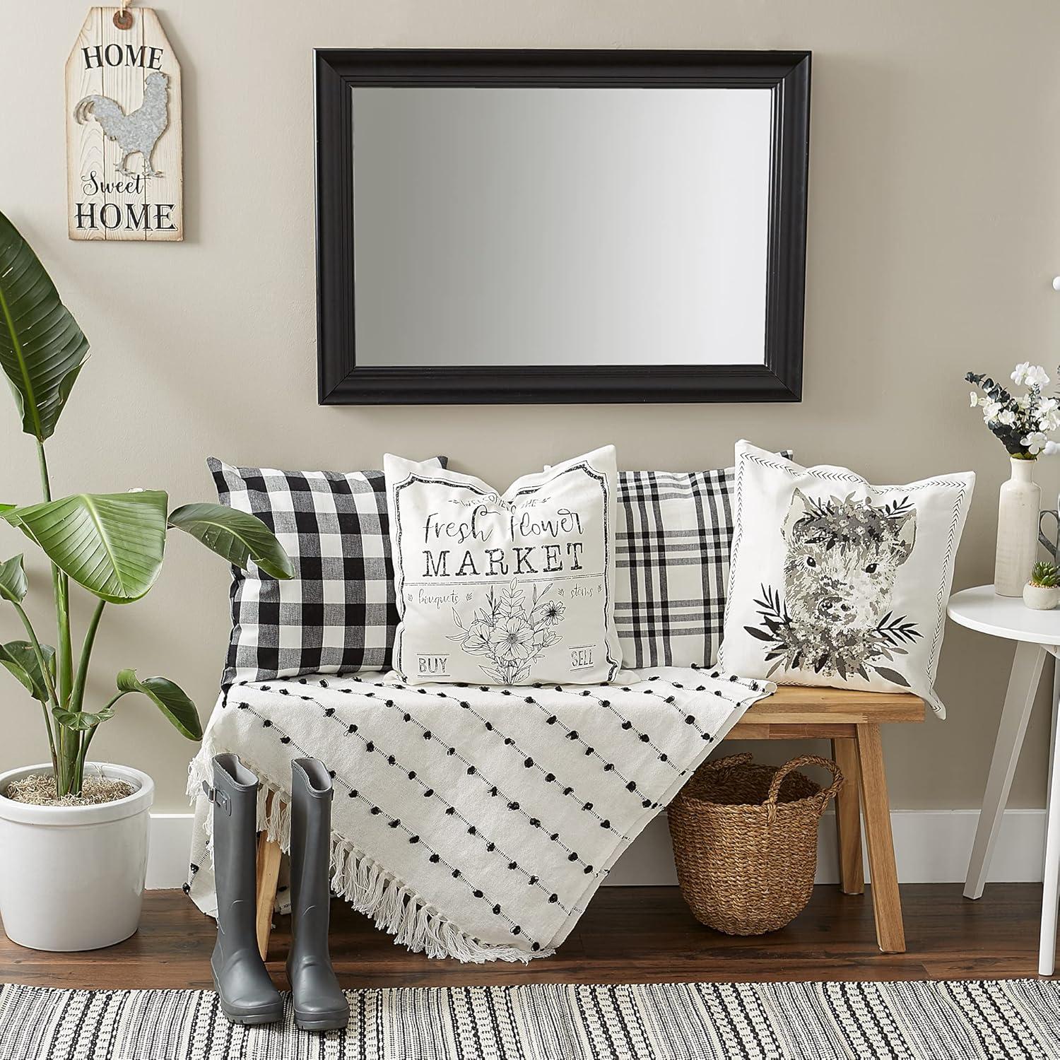 4pk 18"x18" Pig and Flower Market Farmhouse Check and Printed Square Throw Pillow Covers White - Design Imports: Cotton, Hidden Zipper