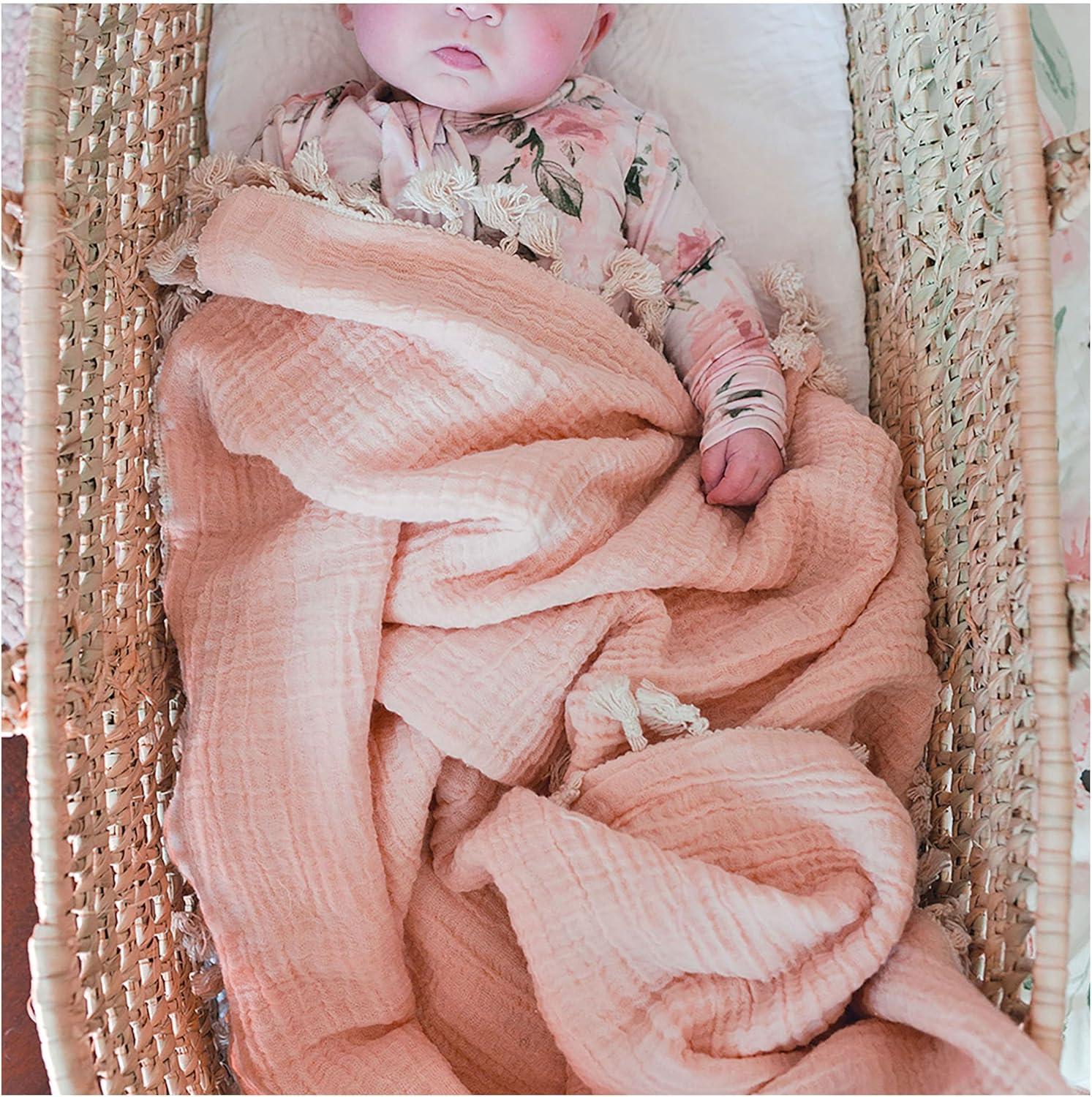 Crane Baby 6-Layer Muslin Baby Blanket with Tassel Edge