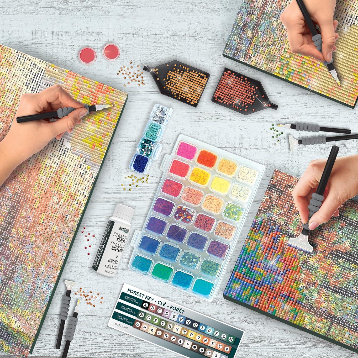 ArtSkills Diamond Painting Kit, Diamond Art Ready to Hang Framed Canvas with Storage and Accessory Kit, Forest, 3 Stretched Canvas Panels, 14” x 7” Each