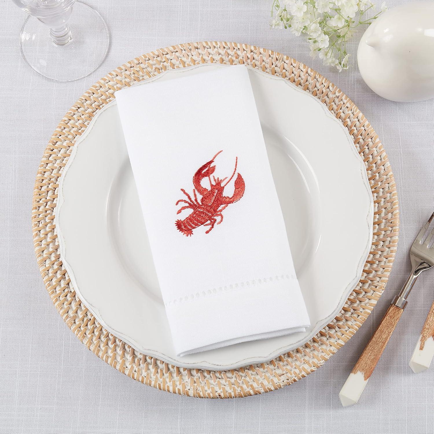 Saro Lifestyle Lobster Design Embroidered Table Napkins (Set of 4), White