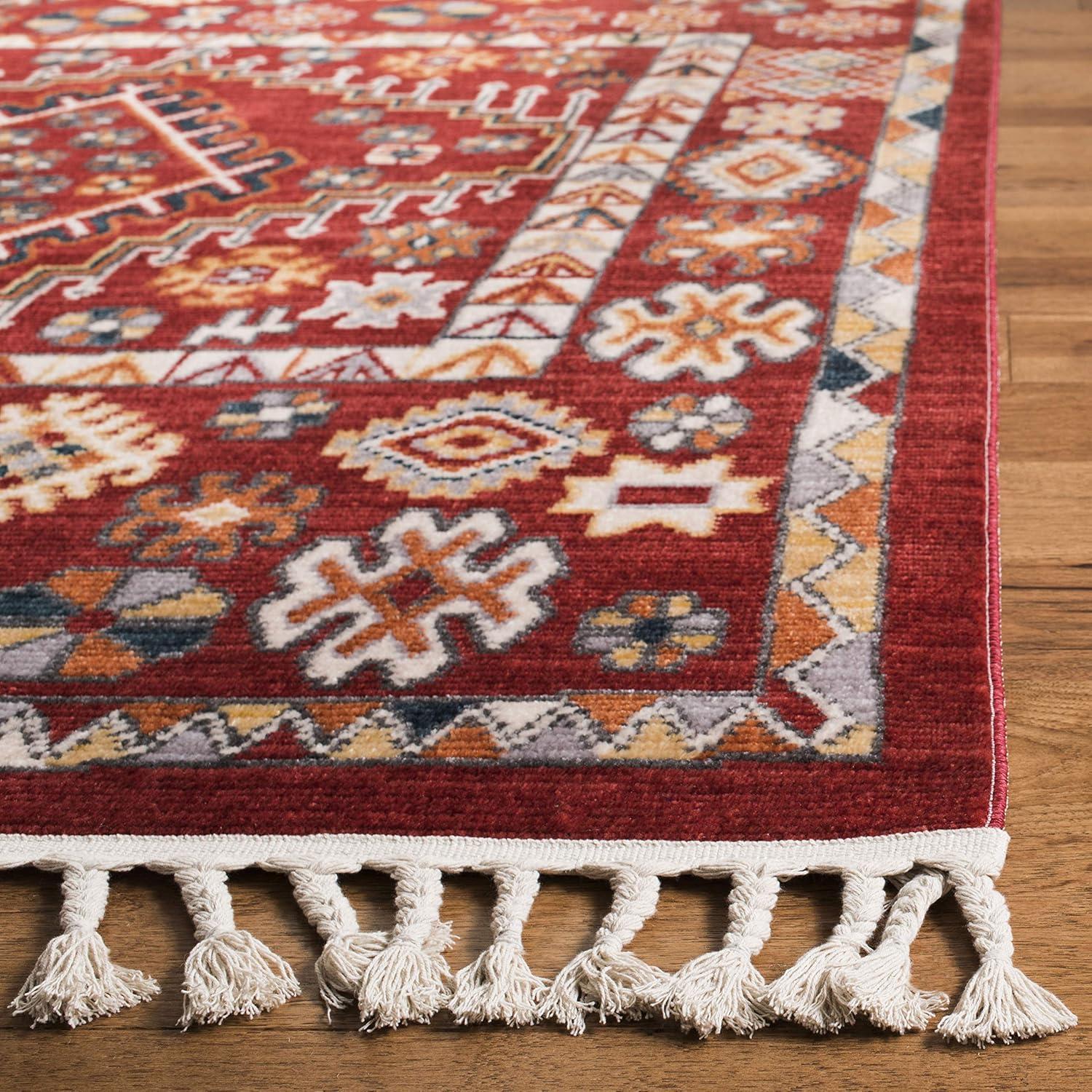 Bohemian Red & Ivory Cotton Blend Medallion Square Rug, 6'3"